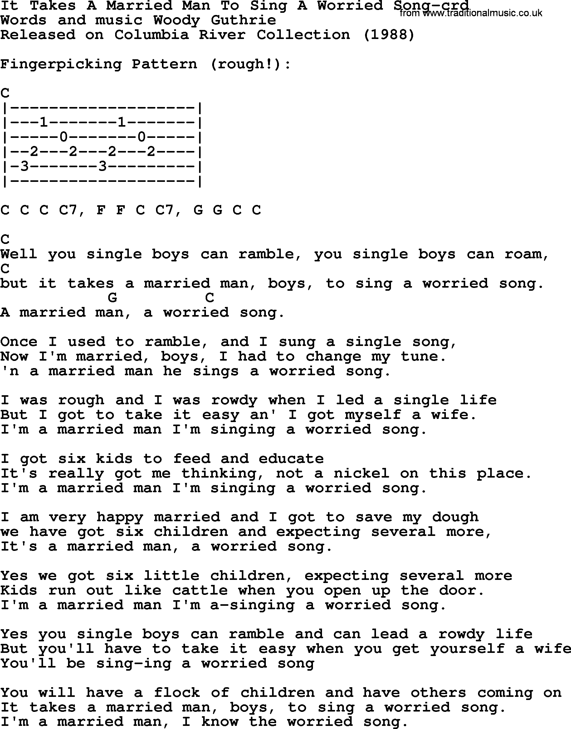 Woody Guthrie song It Takes A Married Man To Sing A Worried Song lyrics and chords