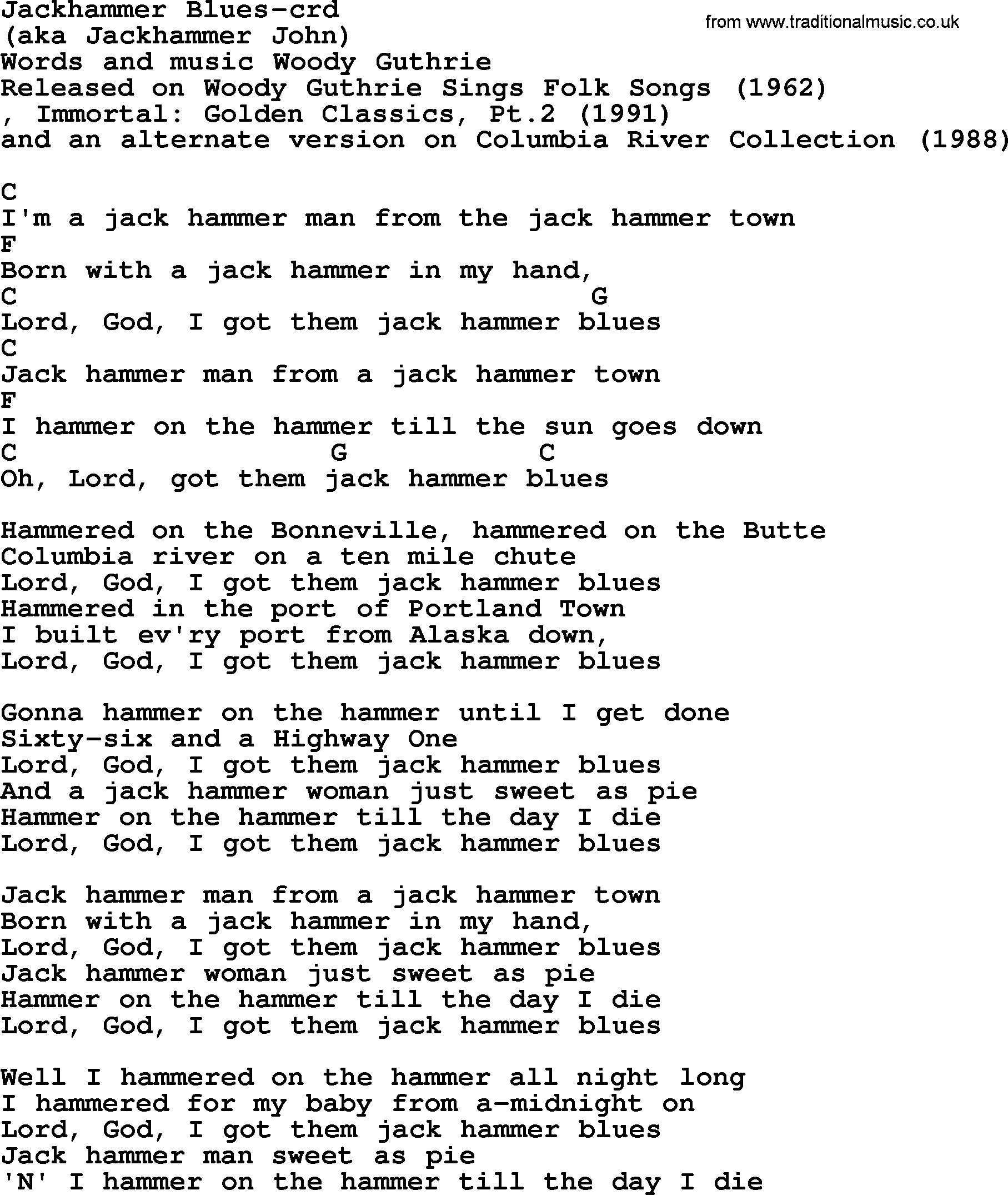 Woody Guthrie song Jackhammer Blues lyrics and chords