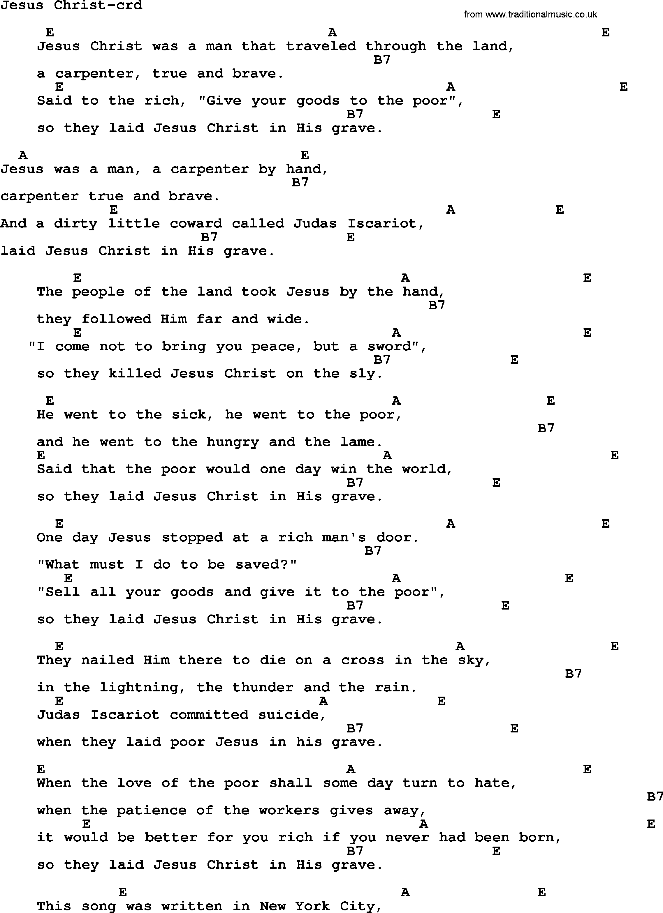 Woody Guthrie song Jesus Christ lyrics and chords