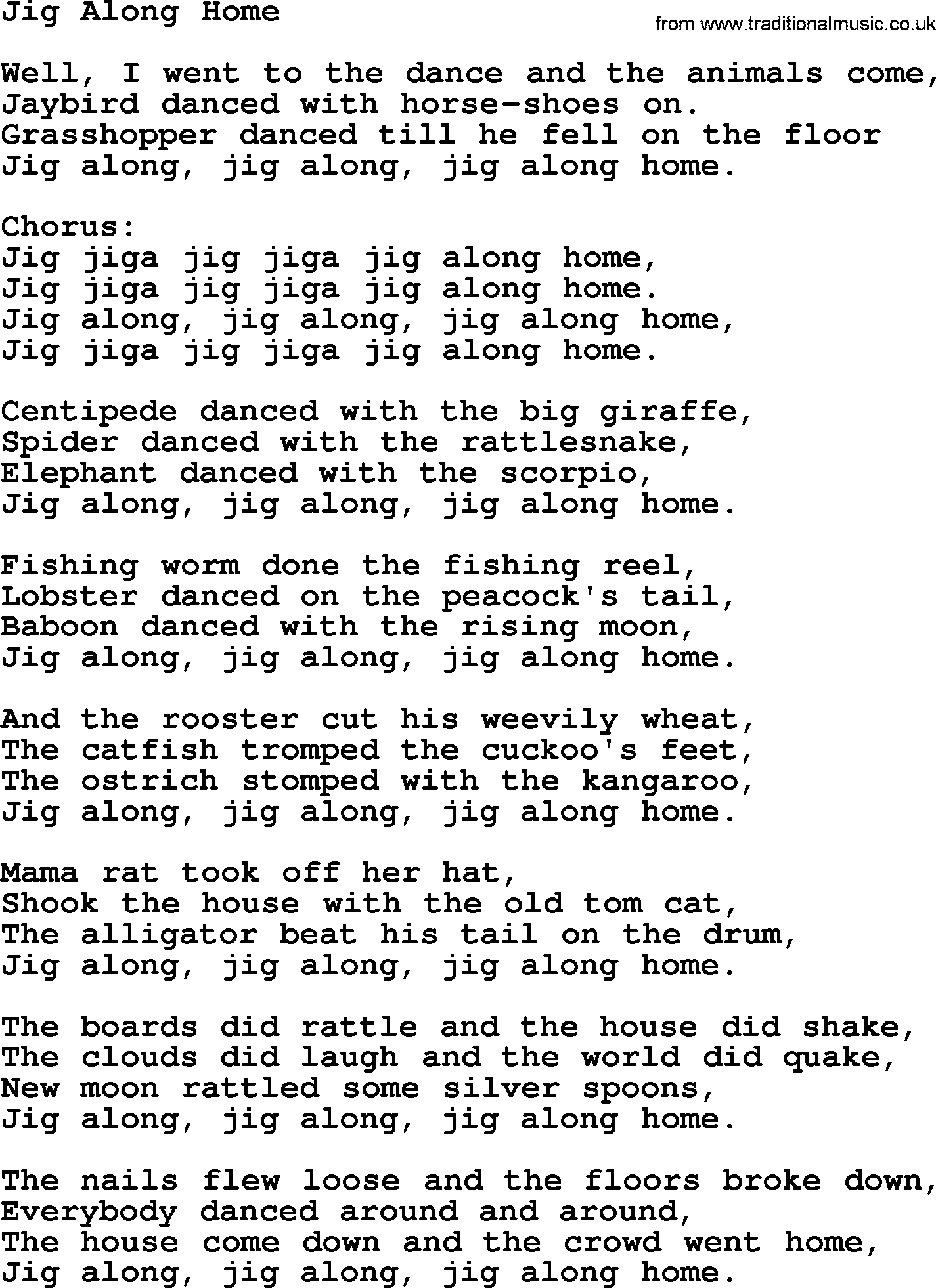 Woody Guthrie song Jig Along Home lyrics