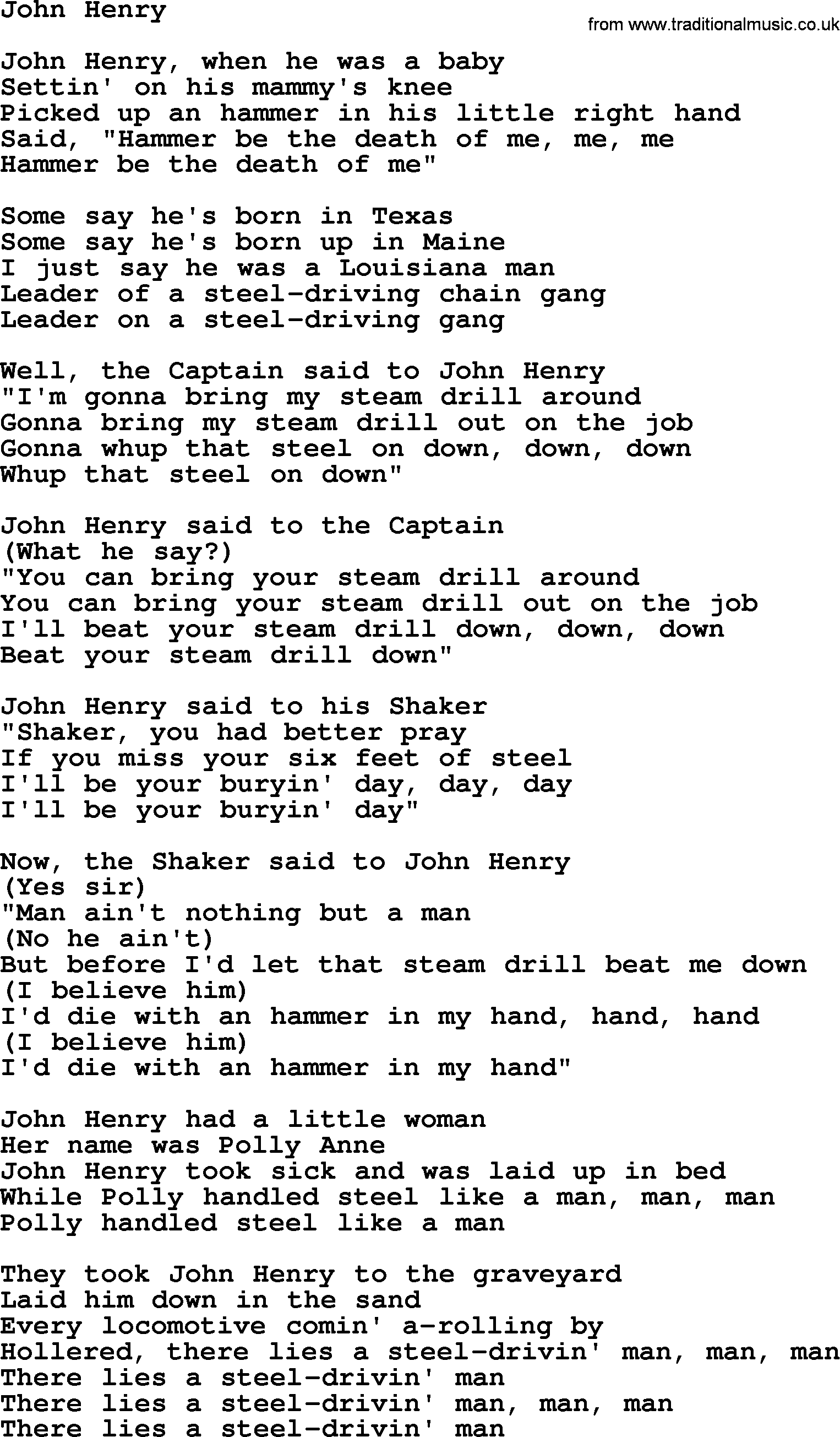 Woody Guthrie song John Henry lyrics