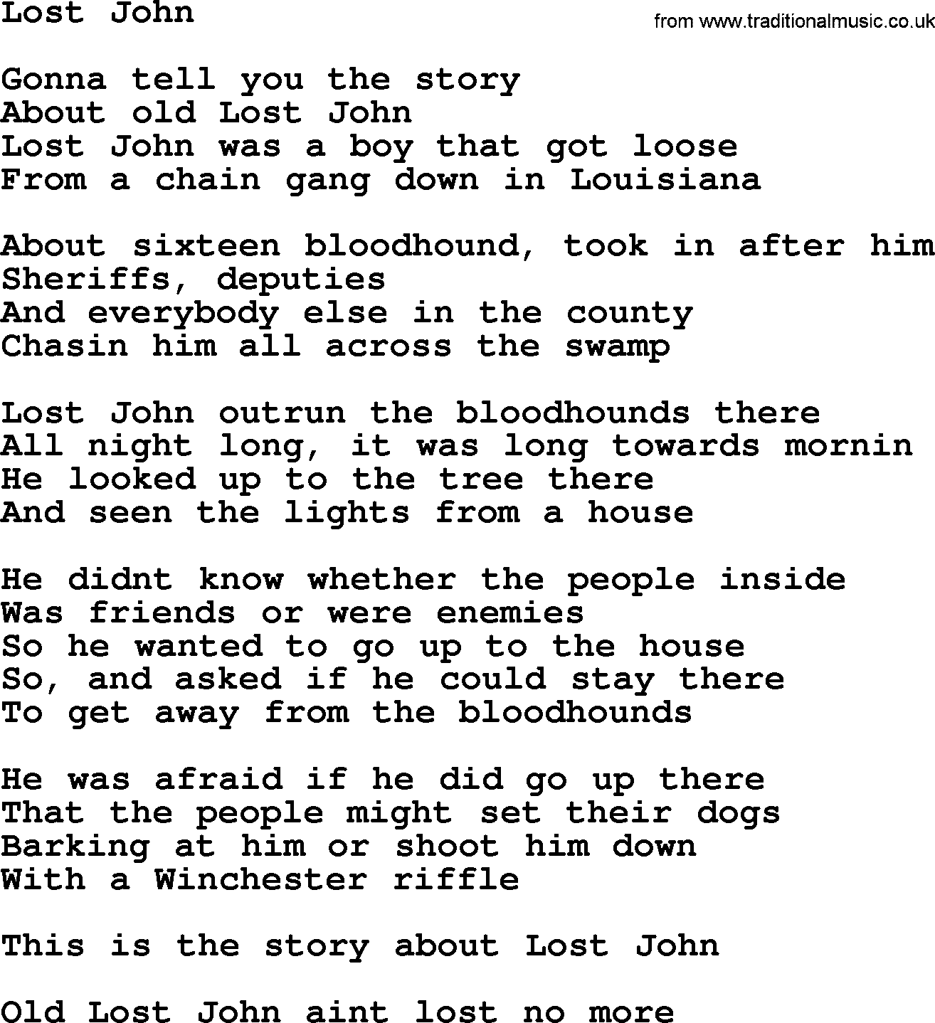 Woody Guthrie song Lost John lyrics