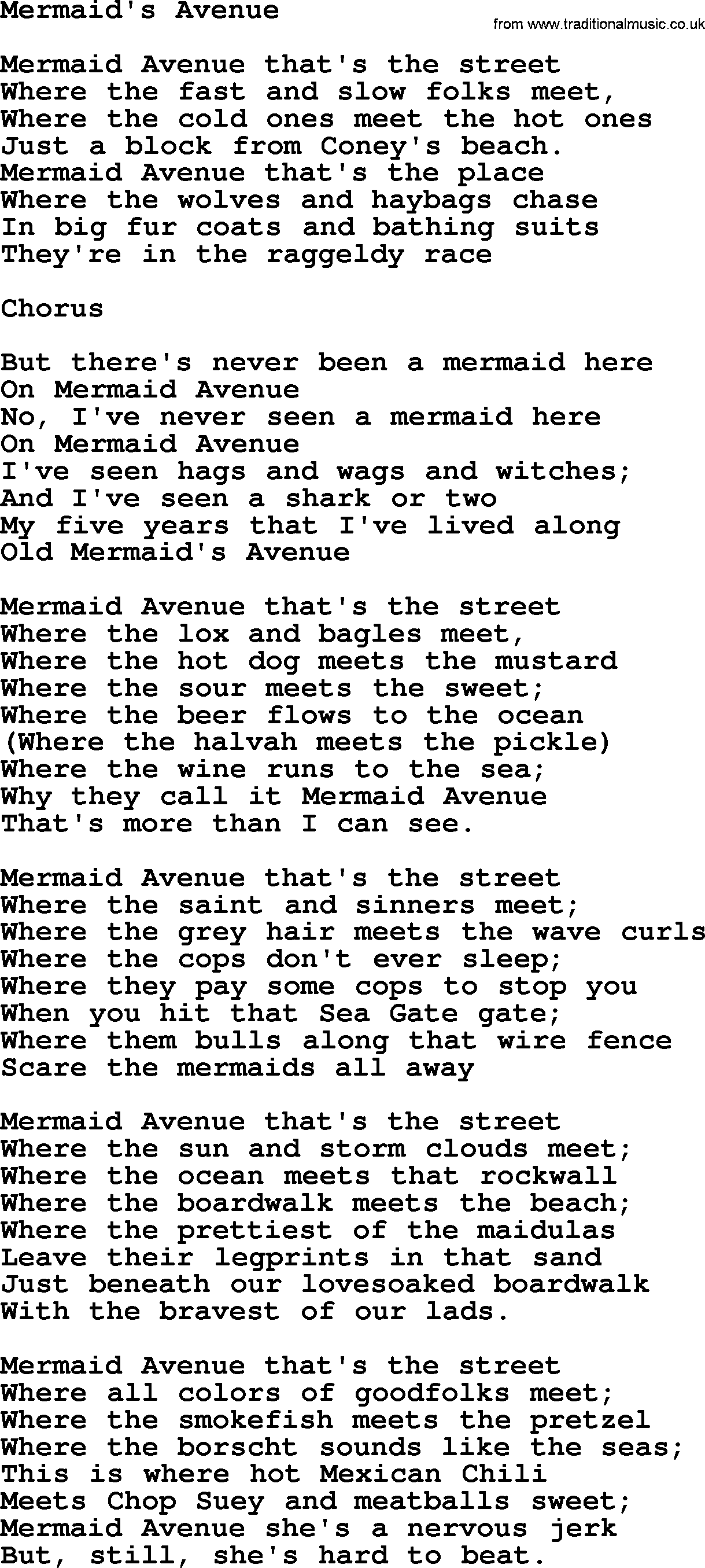 Woody Guthrie song Mermaids Avenue lyrics