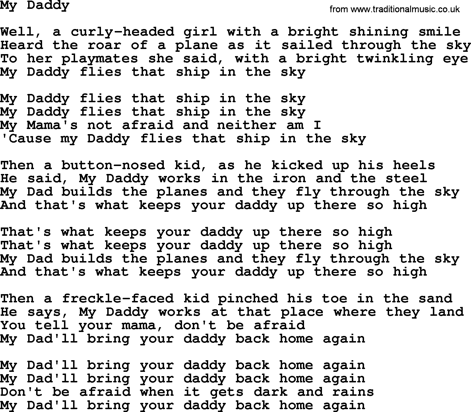 Woody Guthrie song My Daddy lyrics