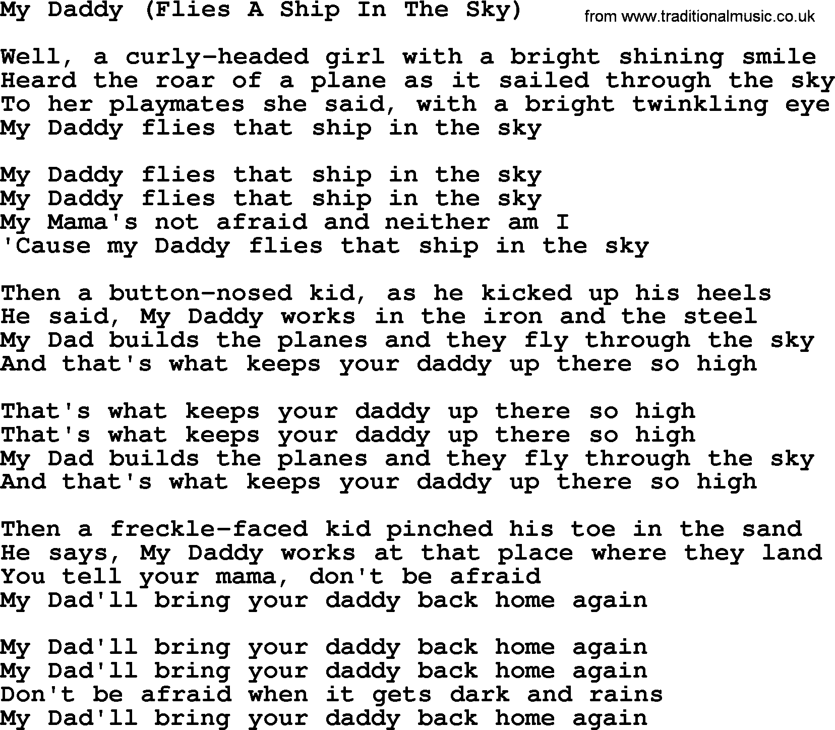 Woody Guthrie song My Daddy Flies A Ship In The Sky lyrics