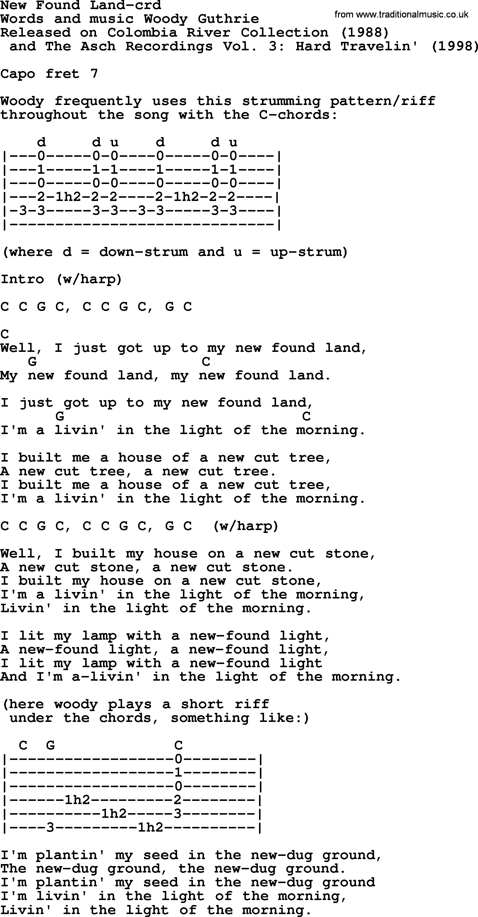 Woody Guthrie song New Found Land lyrics and chords