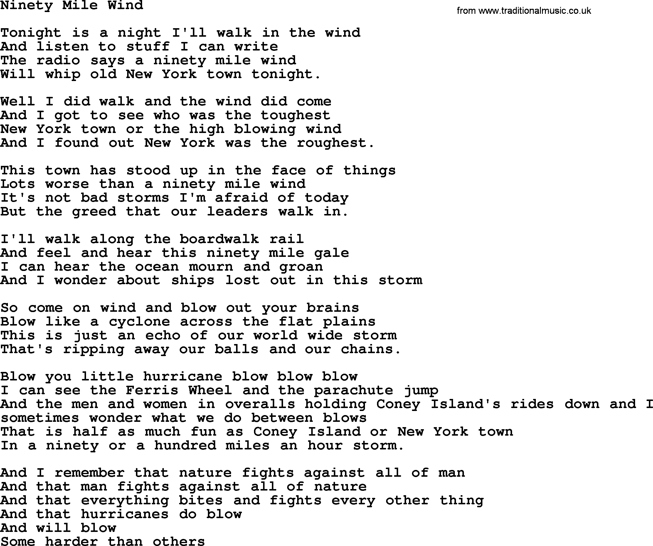 Woody Guthrie song Ninety Mile Wind lyrics
