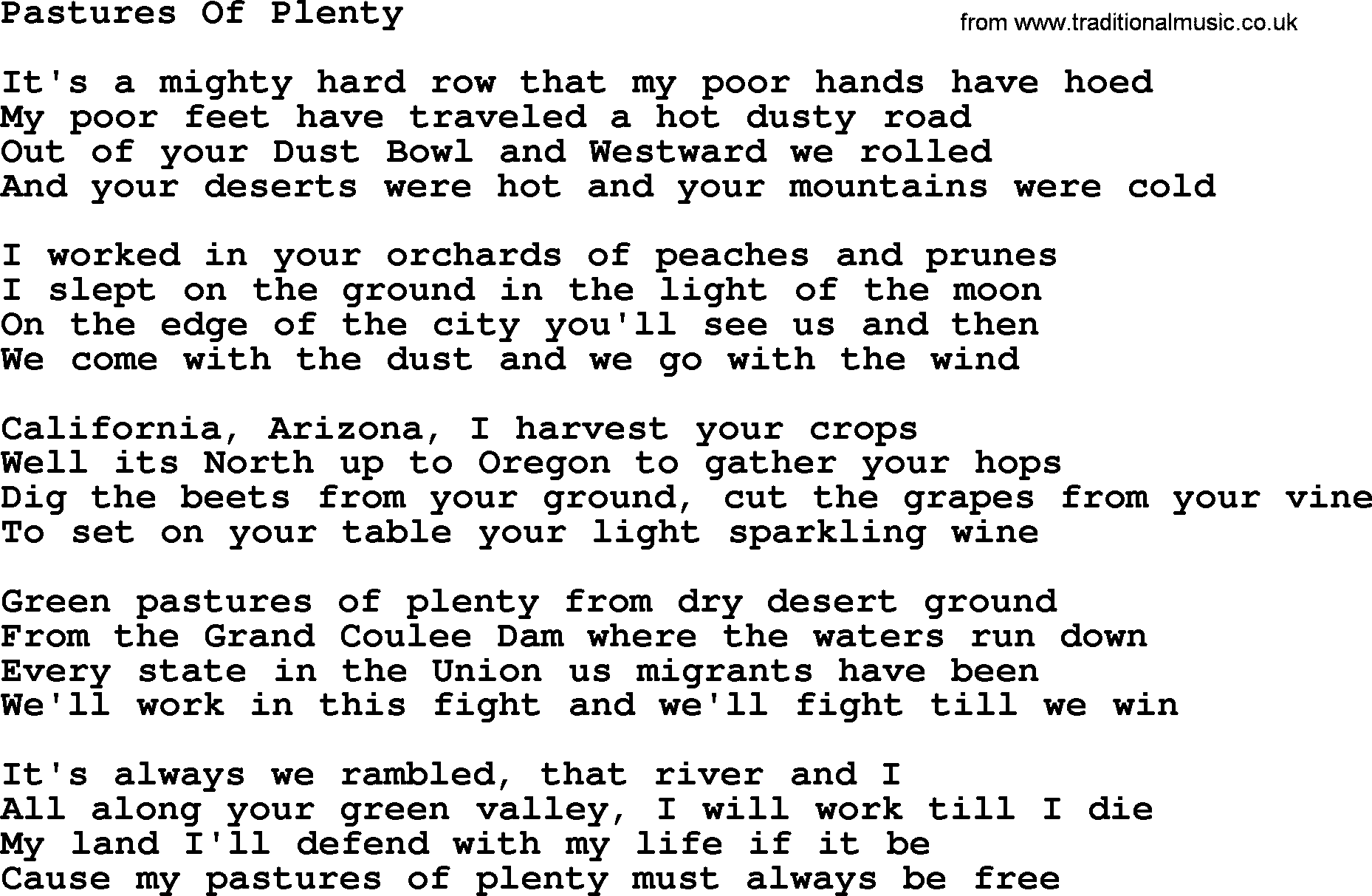 Woody Guthrie song Pastures Of Plenty lyrics