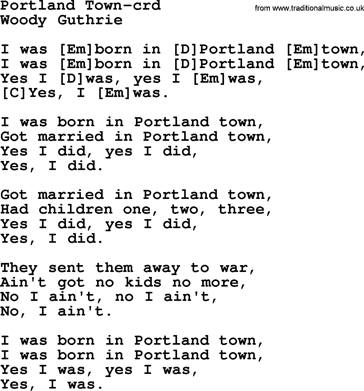 Woody Guthrie song Portland Town lyrics and chords