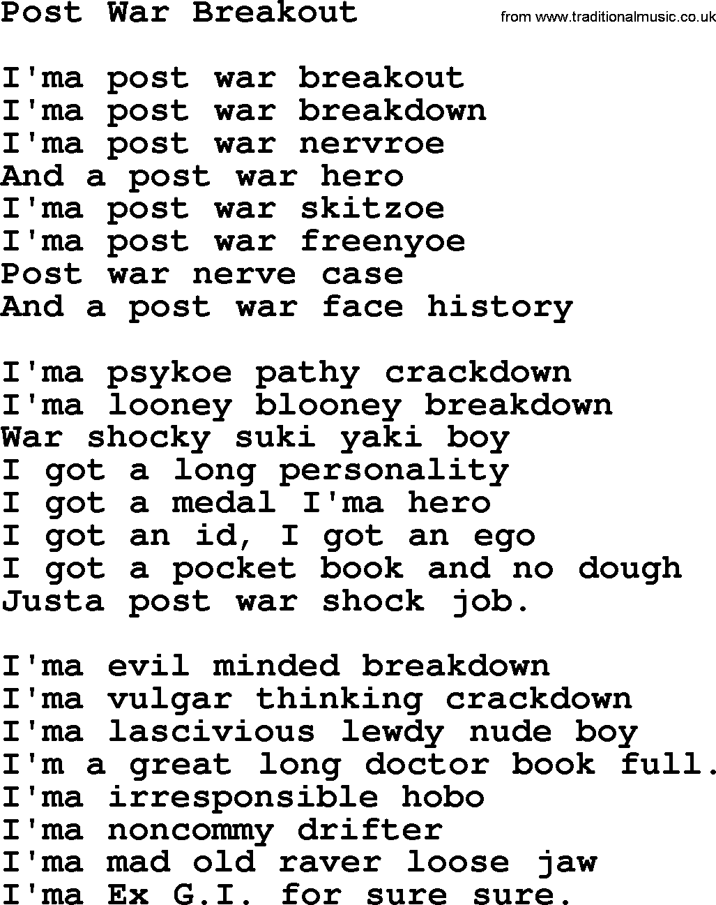 Woody Guthrie song Post War Breakout lyrics