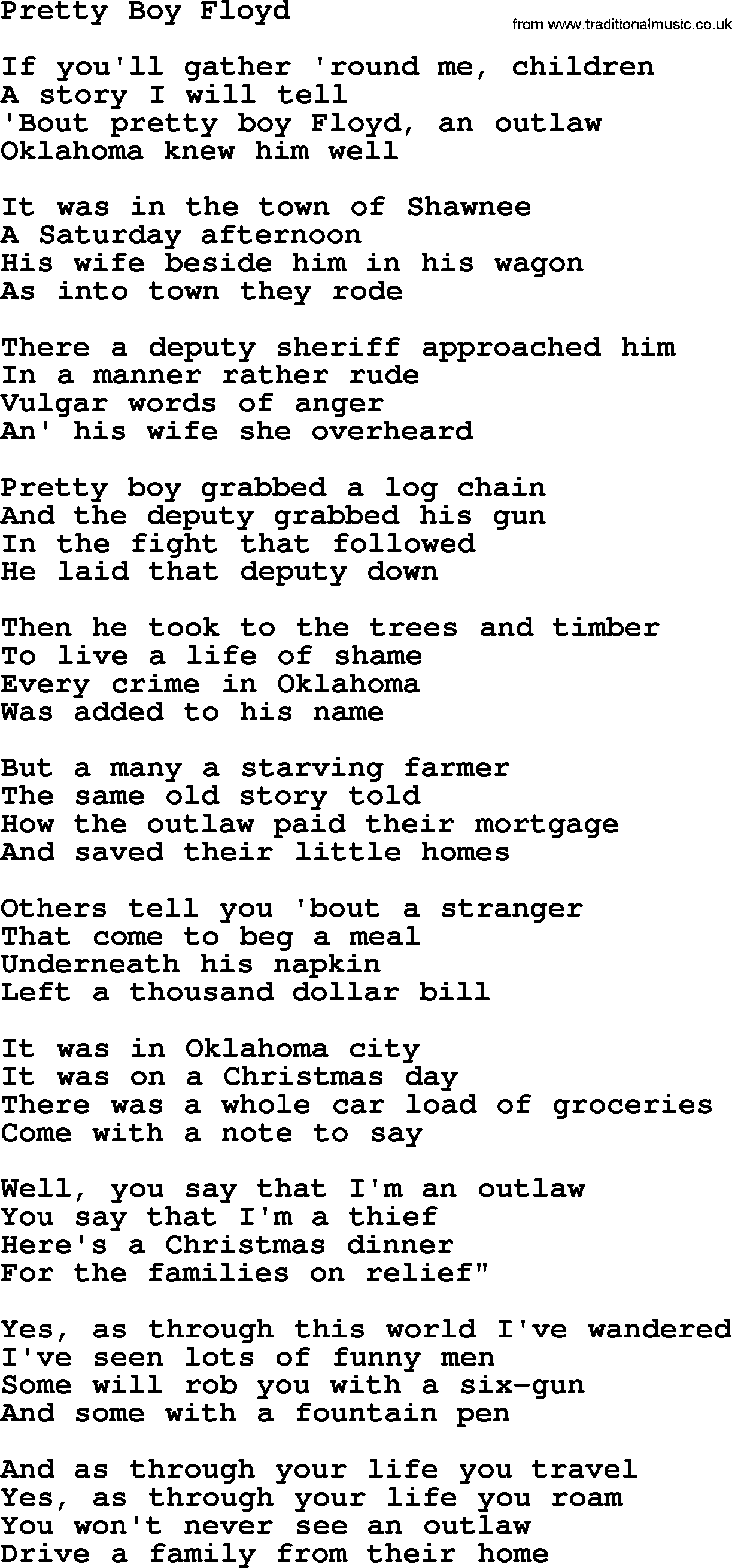 Woody Guthrie song Pretty Boy Floyd lyrics