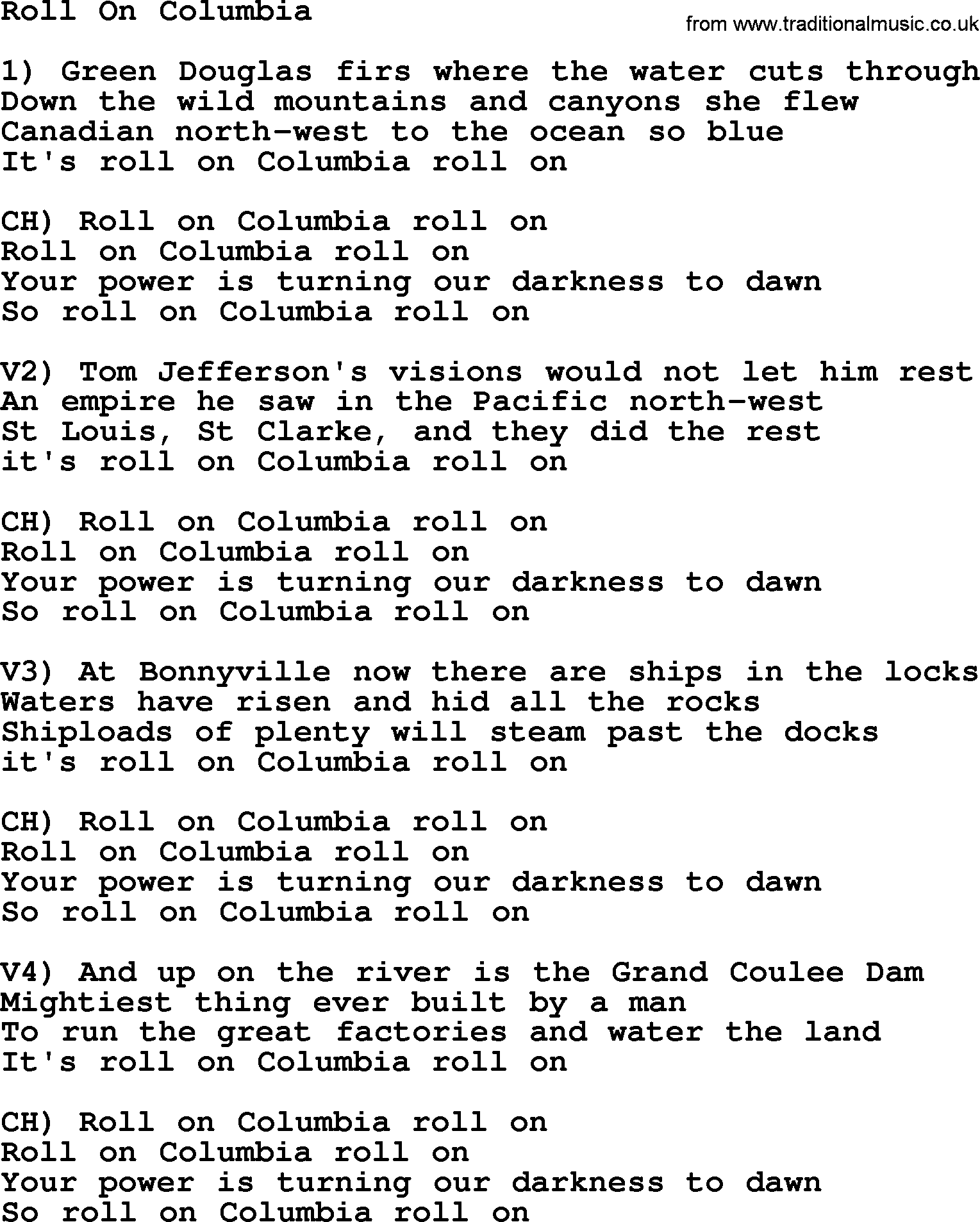 Woody Guthrie song Roll On Columbia lyrics