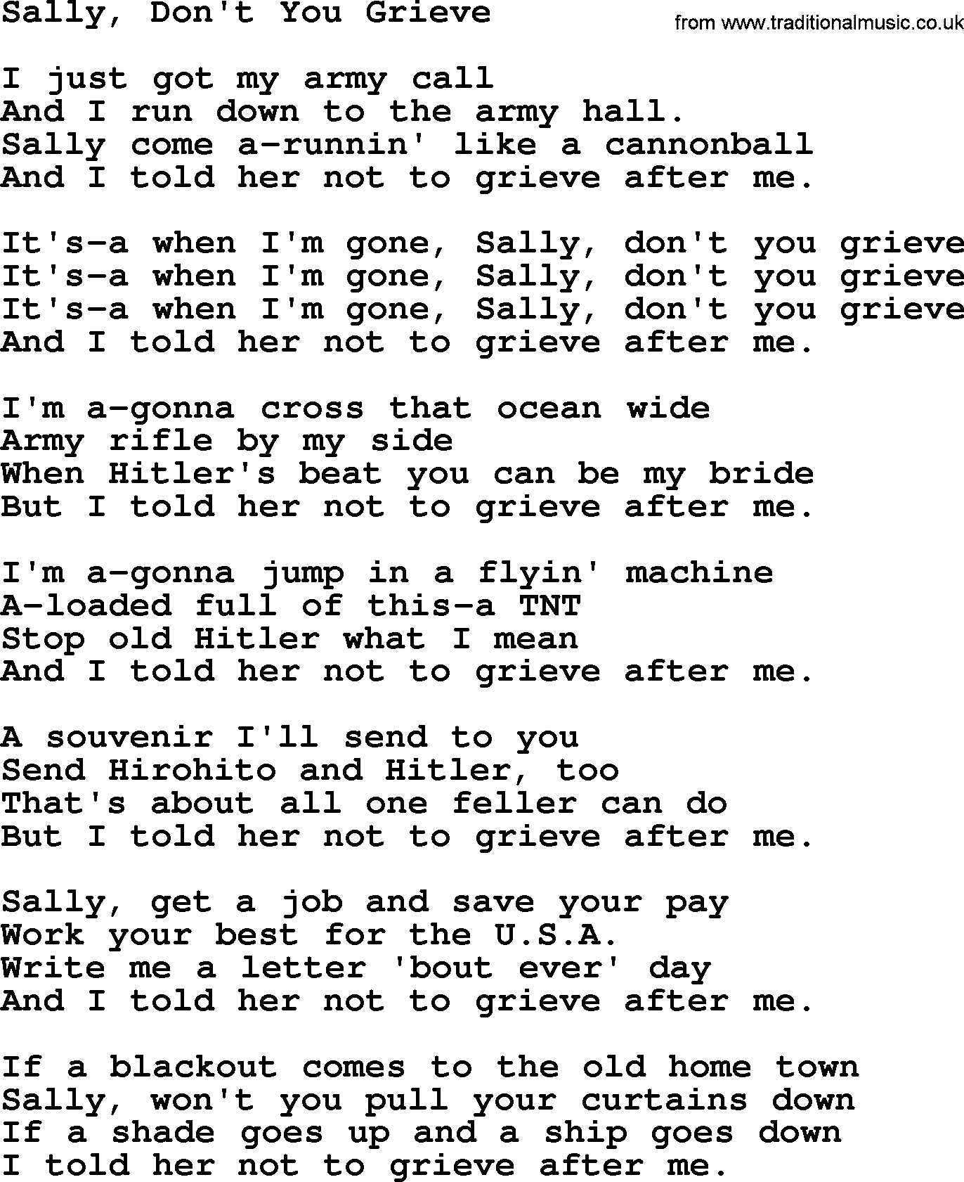 Woody Guthrie song Sally Dont You Grieve lyrics