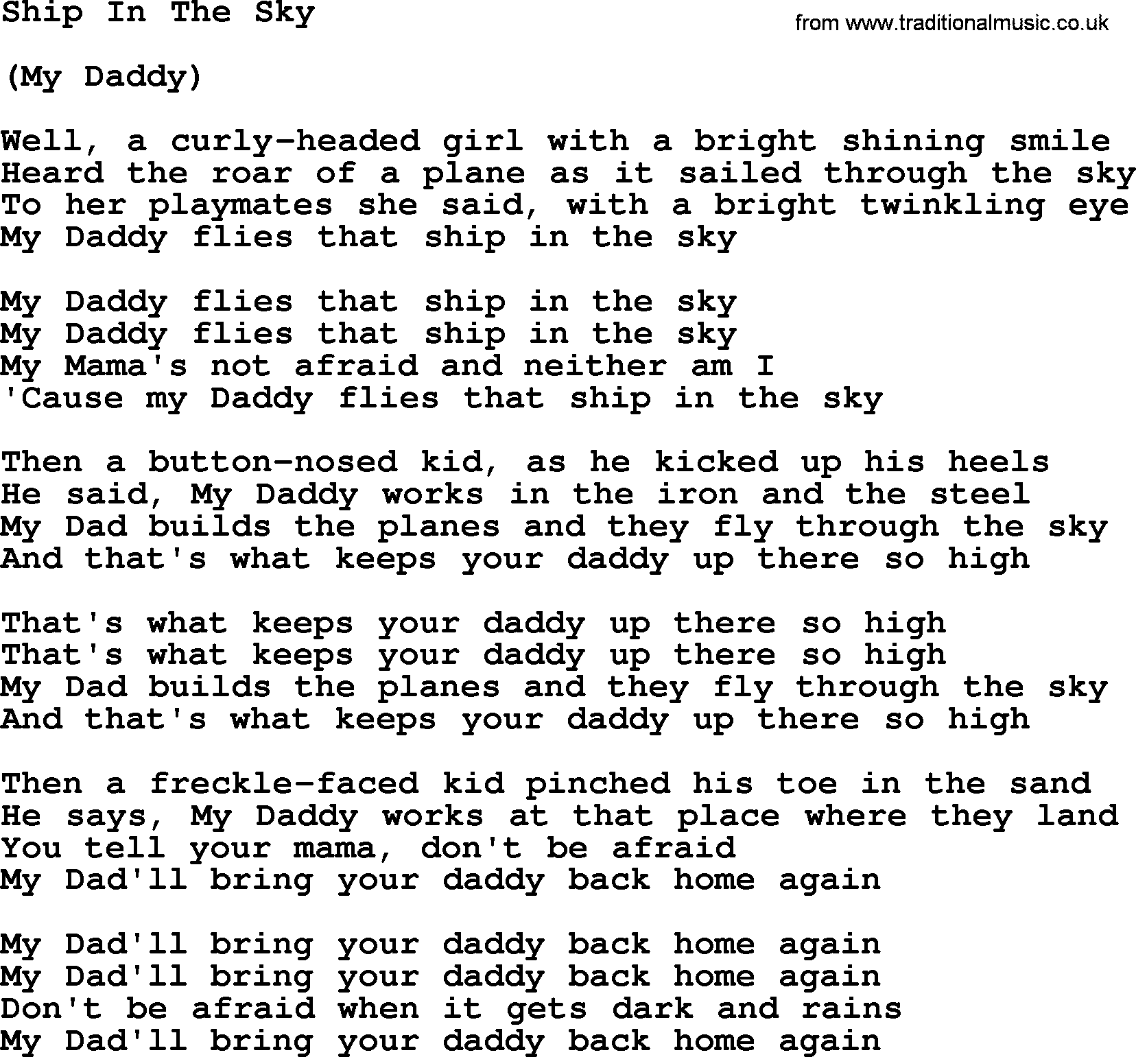 Woody Guthrie song Ship In The Sky lyrics
