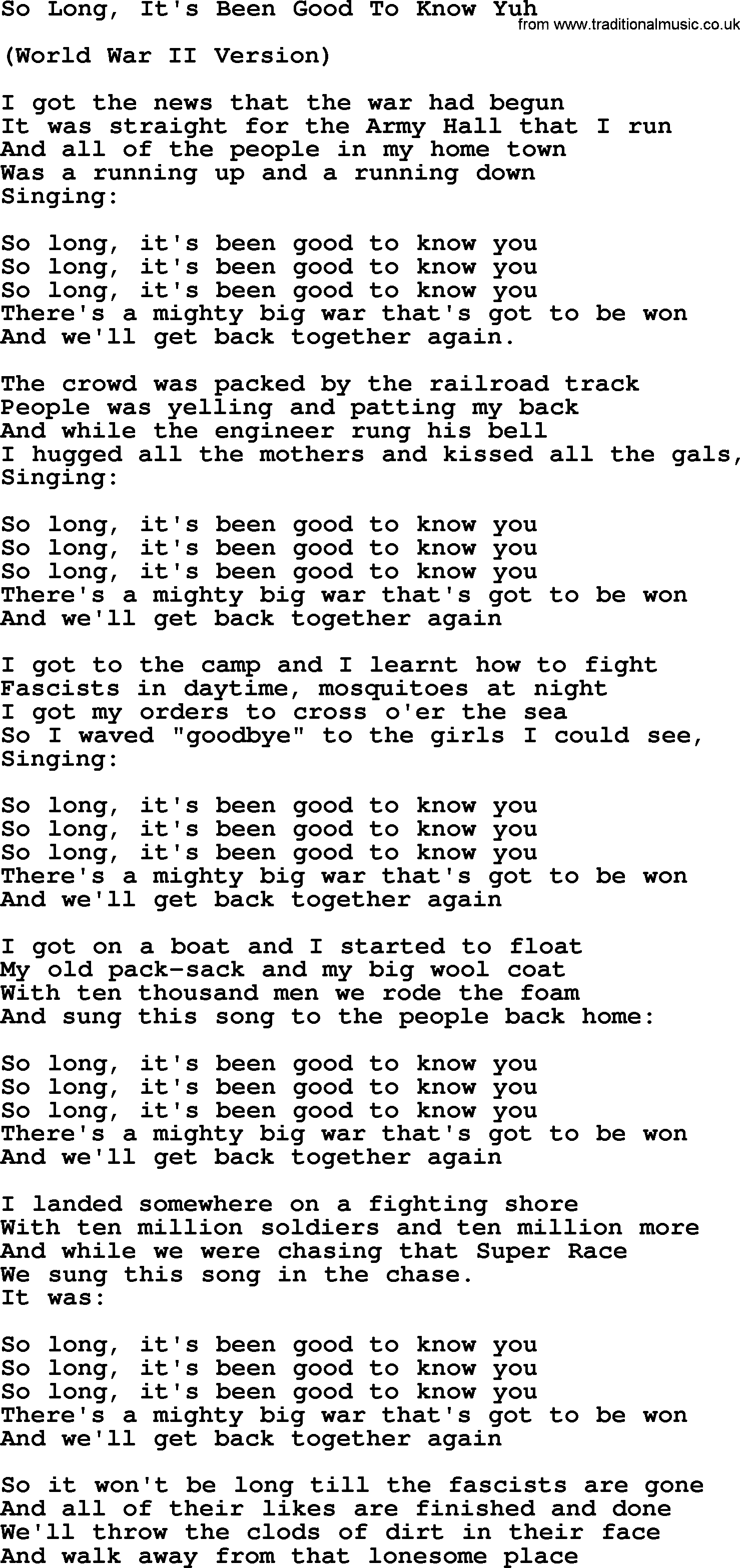 Woody Guthrie song So Long Its Been Good To Know Yuh lyrics