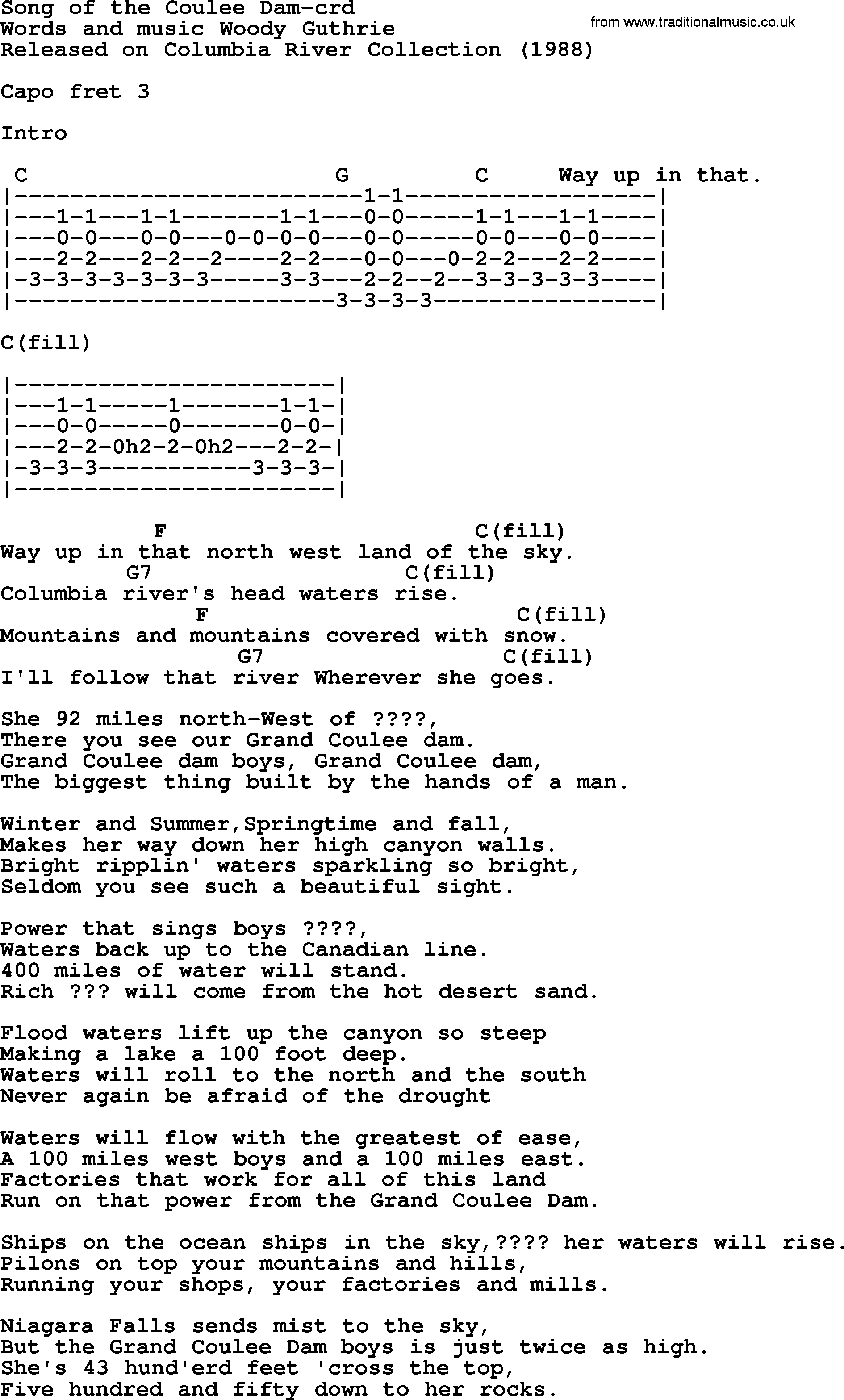 Woody Guthrie song Song Of The Coulee Dam lyrics and chords