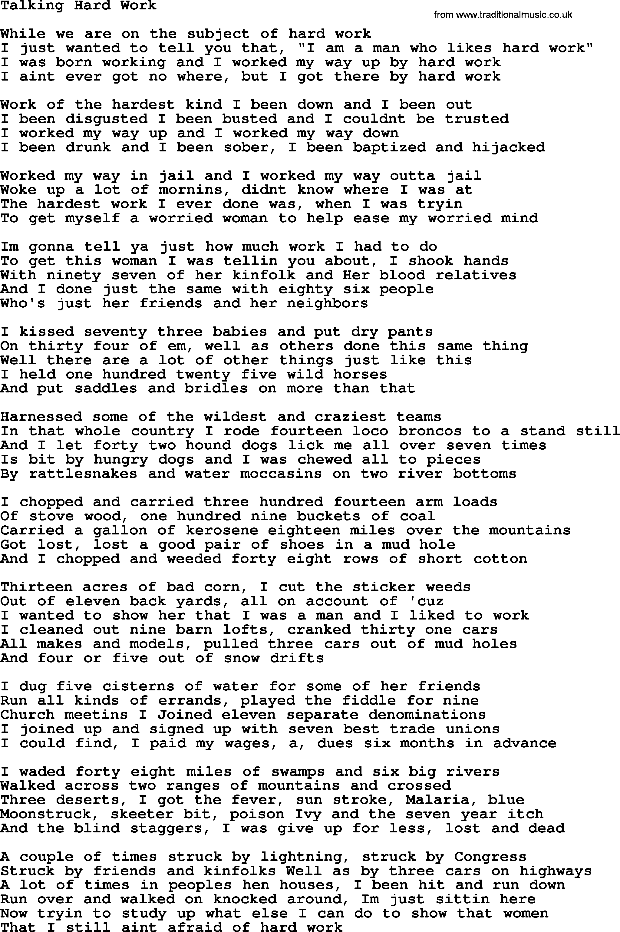 Woody Guthrie song Talking Hard Work lyrics