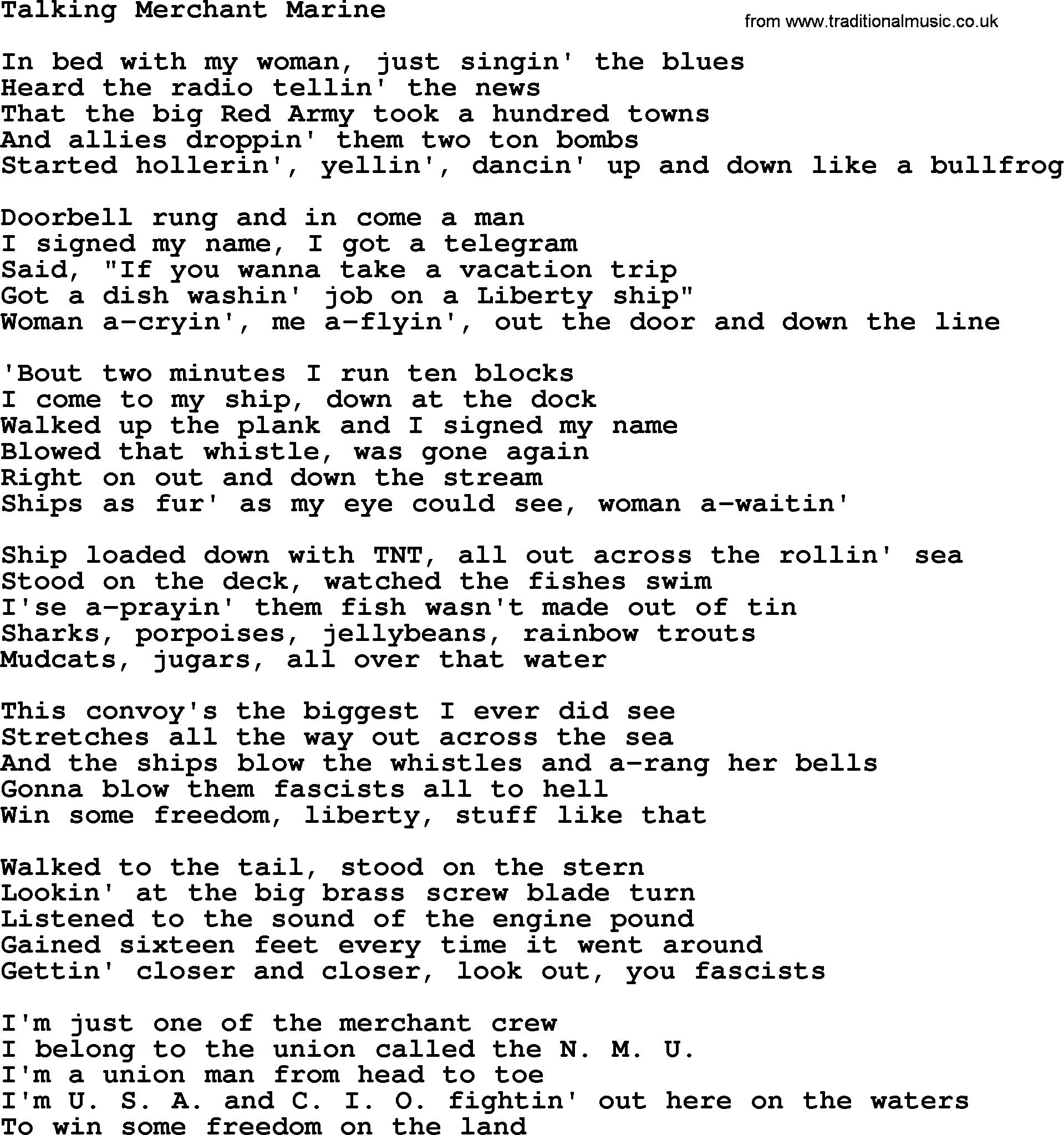 Woody Guthrie song Talking Merchant Marine lyrics