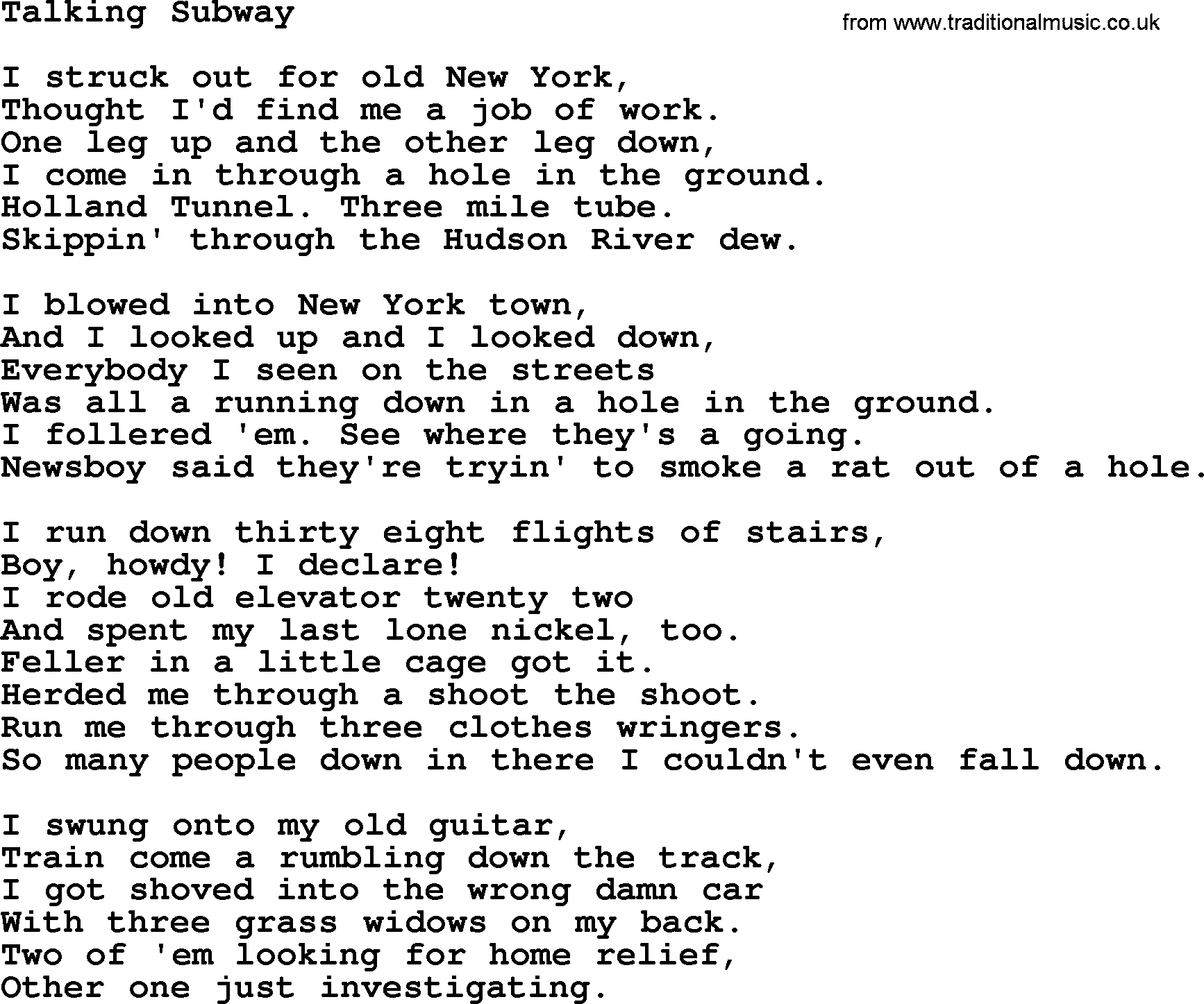 Woody Guthrie song Talking Subway lyrics