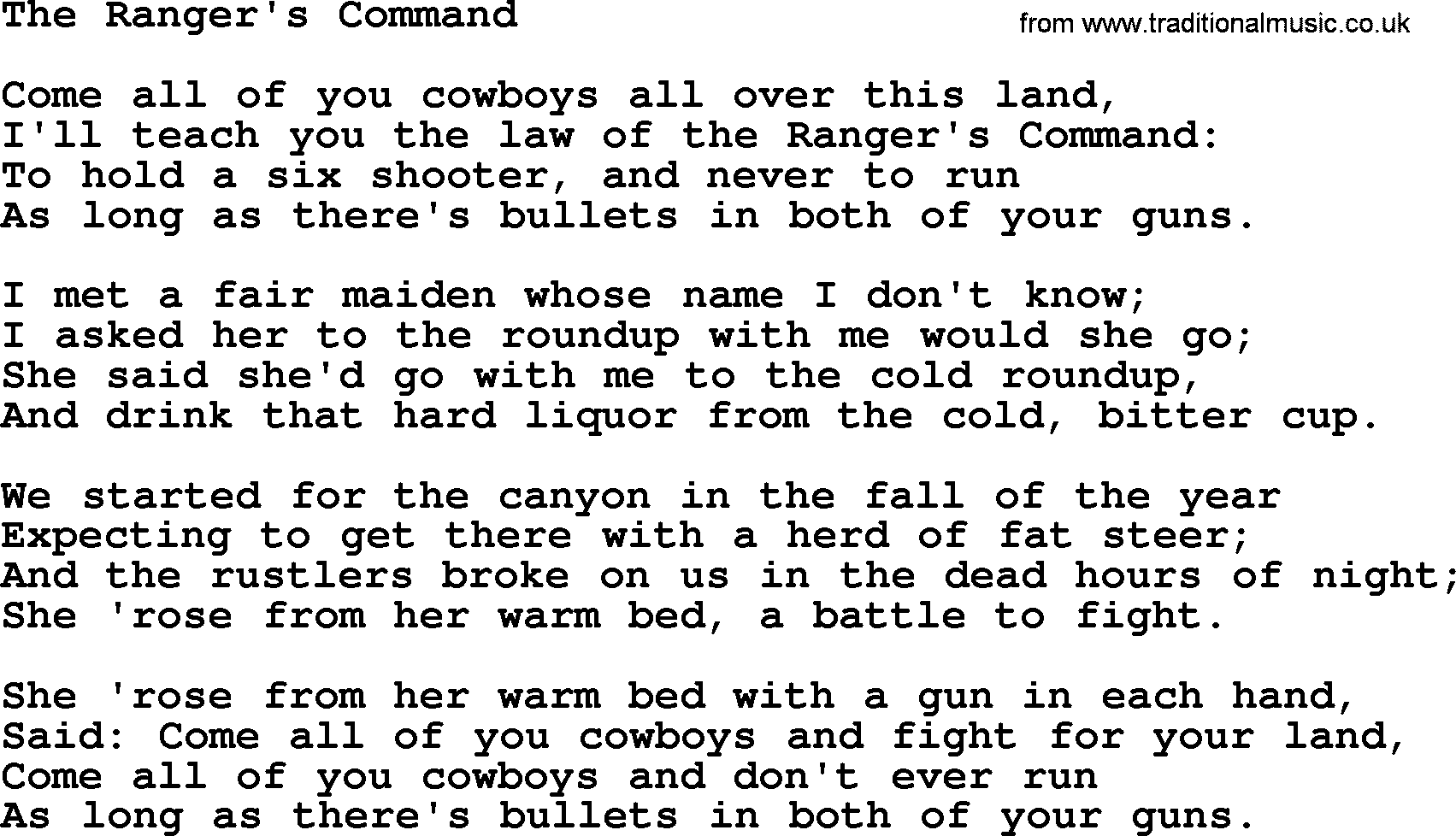 Woody Guthrie song The Rangers Command lyrics