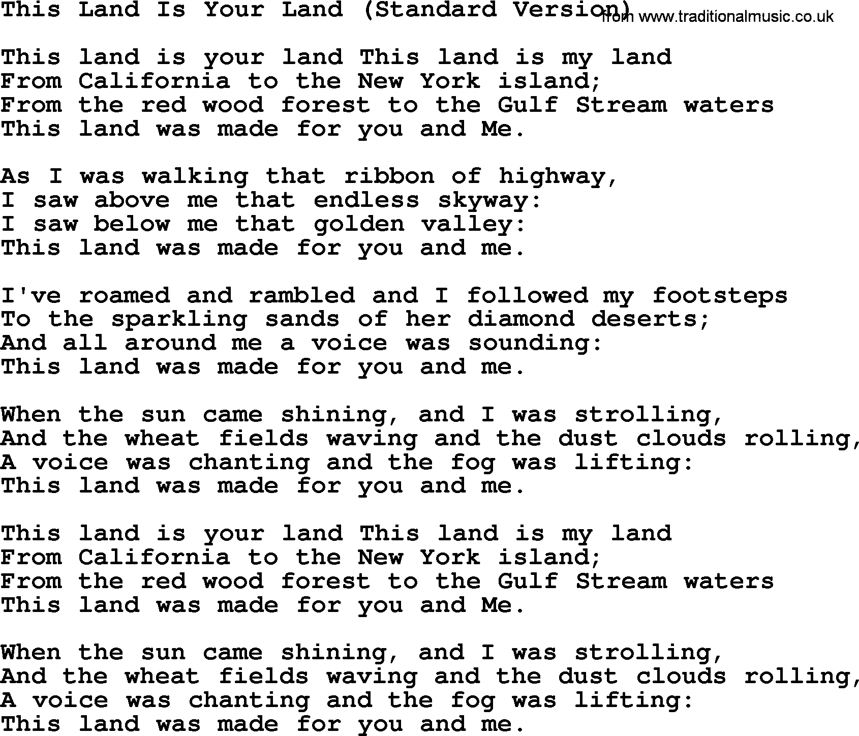 Woody Guthrie song This Land Is Your Land Standard Version lyrics