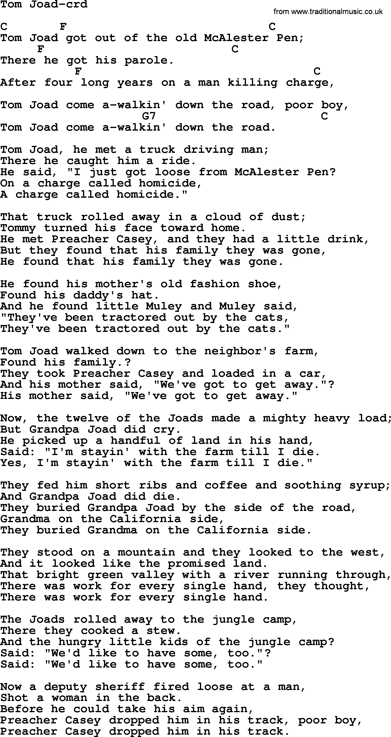 Woody Guthrie song Tom Joad lyrics and chords
