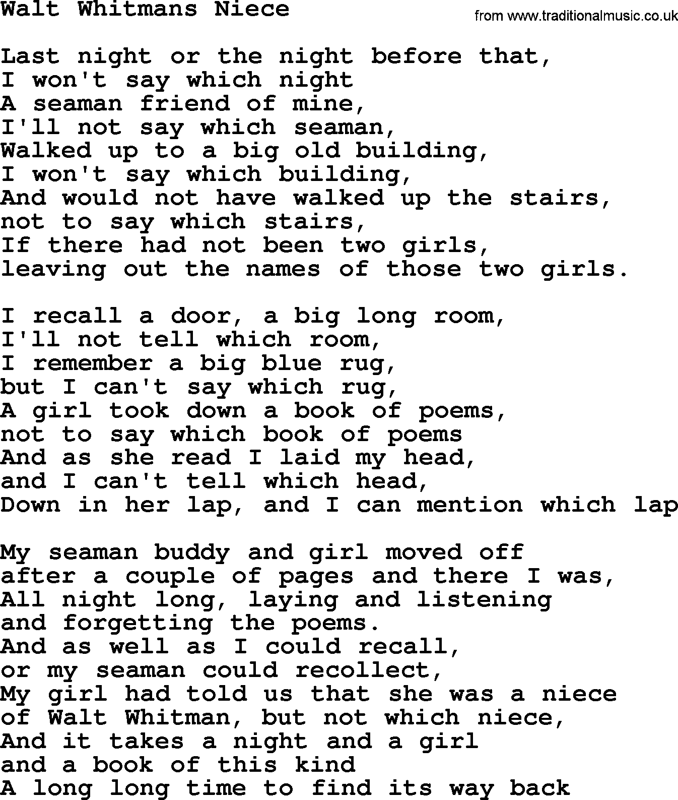 Woody Guthrie song Walt Whitmanas Niece lyrics
