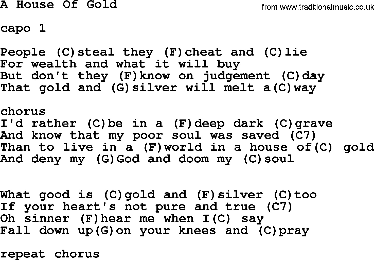 Hank Williams song A House Of Gold, lyrics and chords