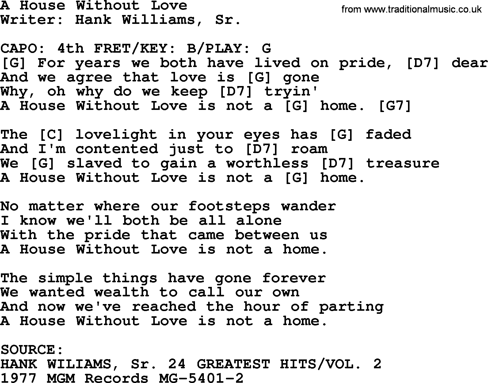 Hank Williams song A House Without Love, lyrics and chords