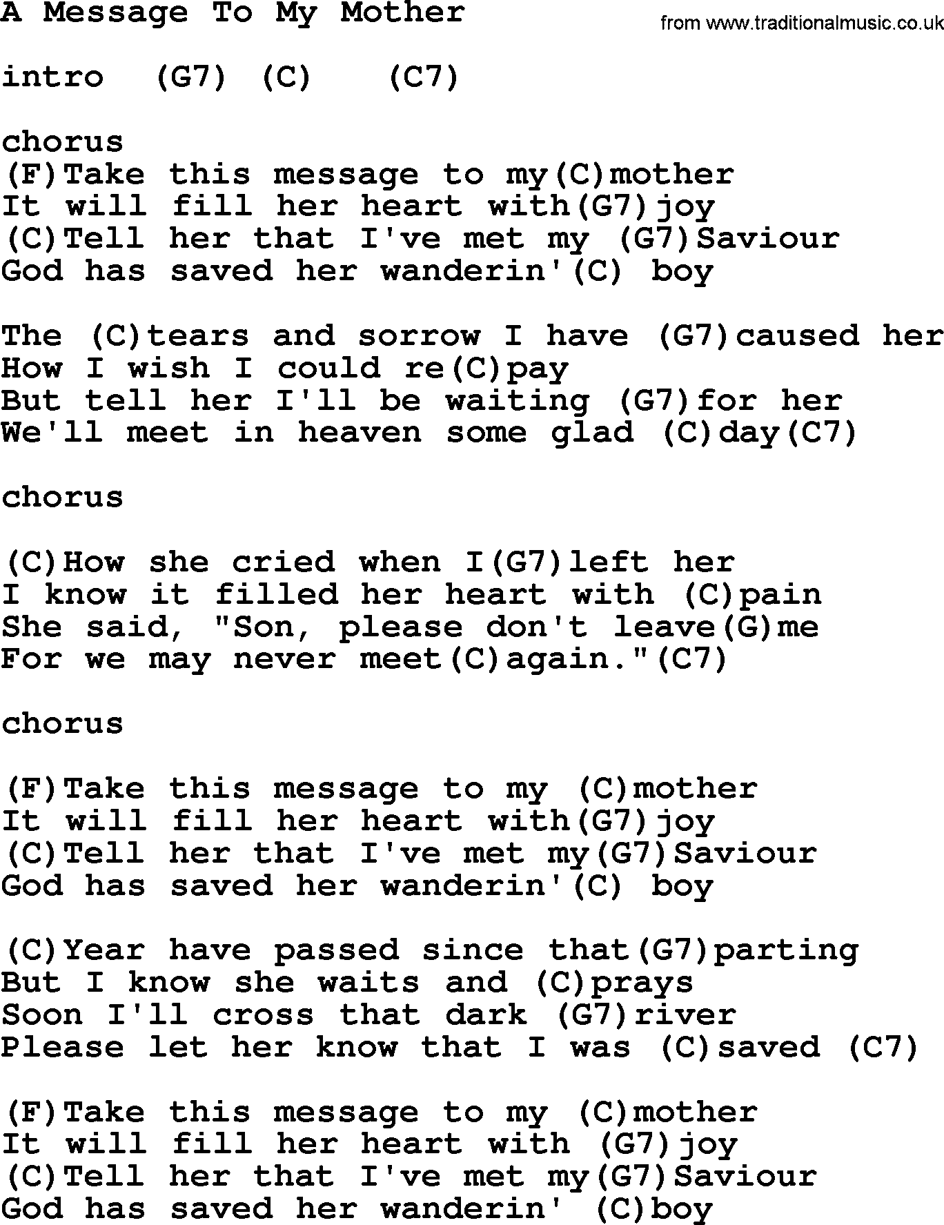 Hank Williams song A Message To My Mother, lyrics and chords