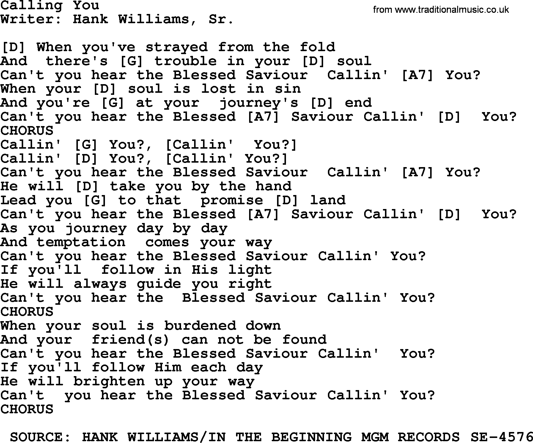 Hank Williams song Calling You, lyrics and chords
