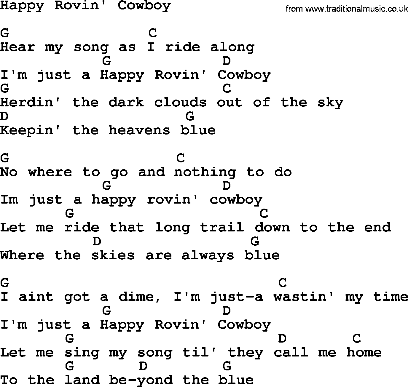 Hank Williams song Happy Rovin' Cowboy, lyrics and chords