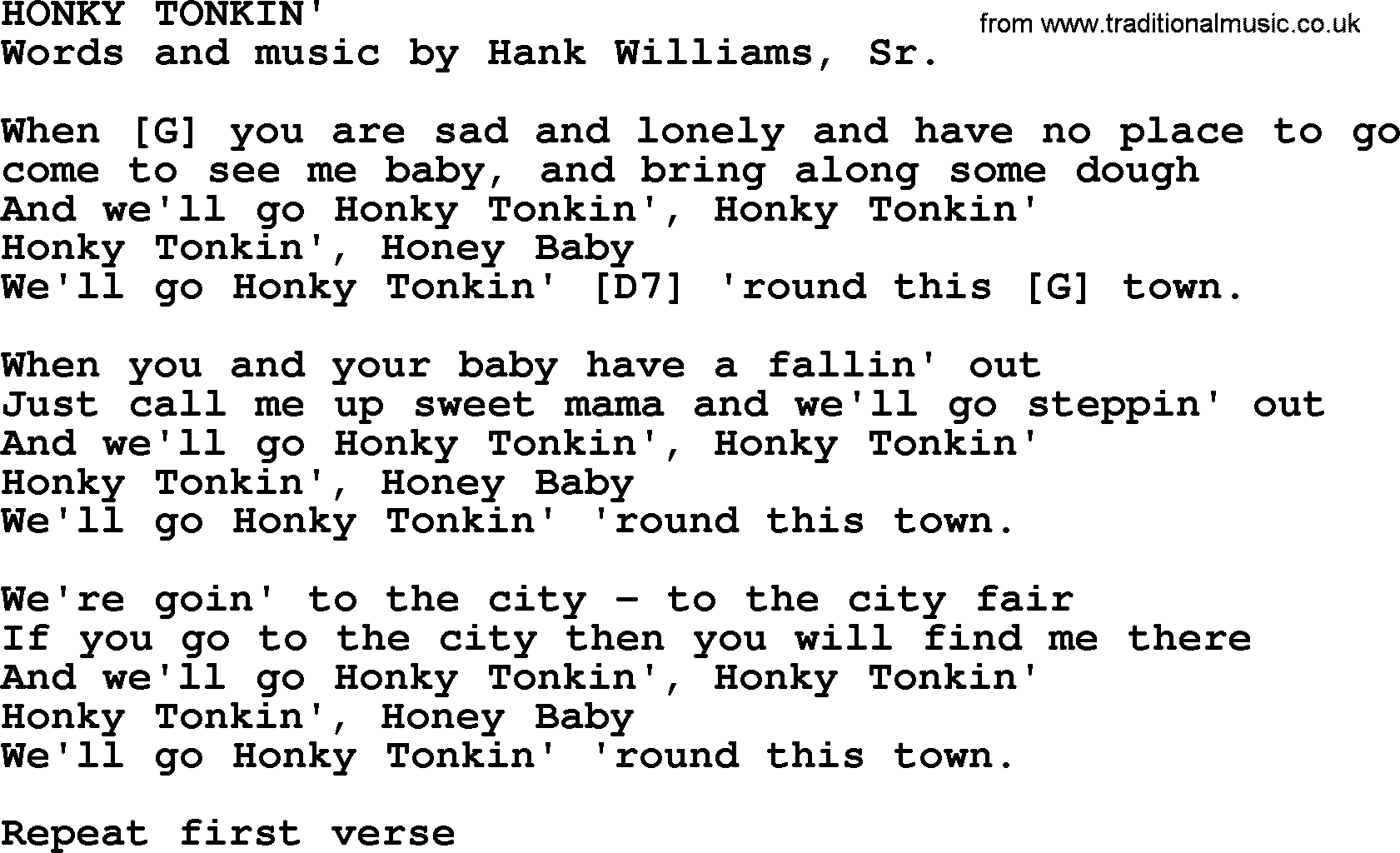 Hank Williams song Honky Tonkin, lyrics and chords