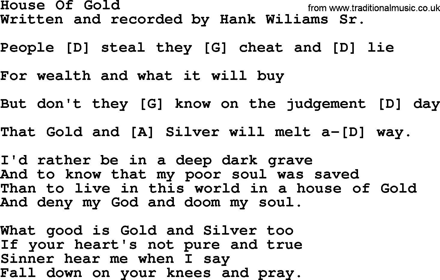Hank Williams song House Of Gold, lyrics and chords