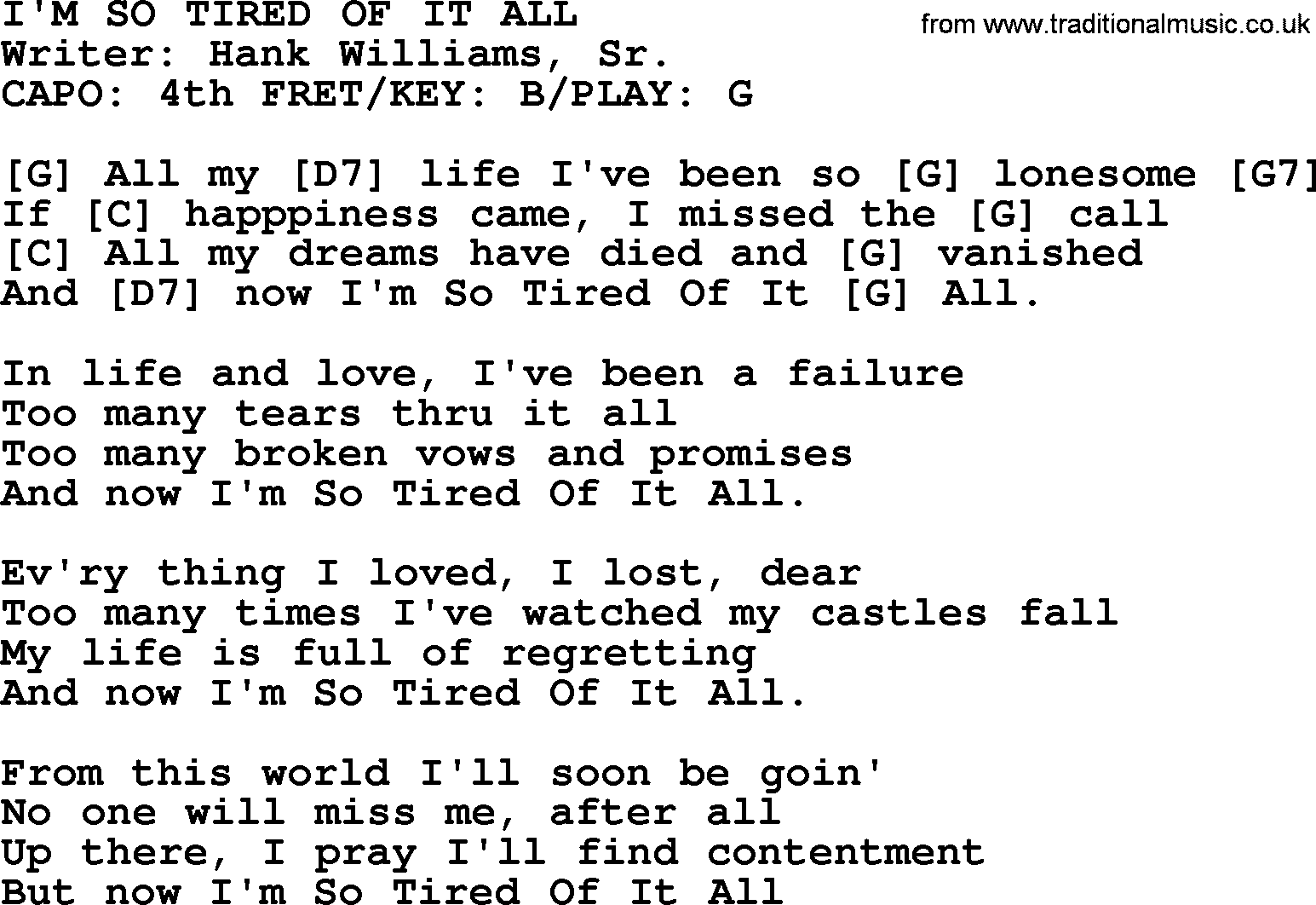 Hank Williams song I'm So Tired Of It All, lyrics and chords