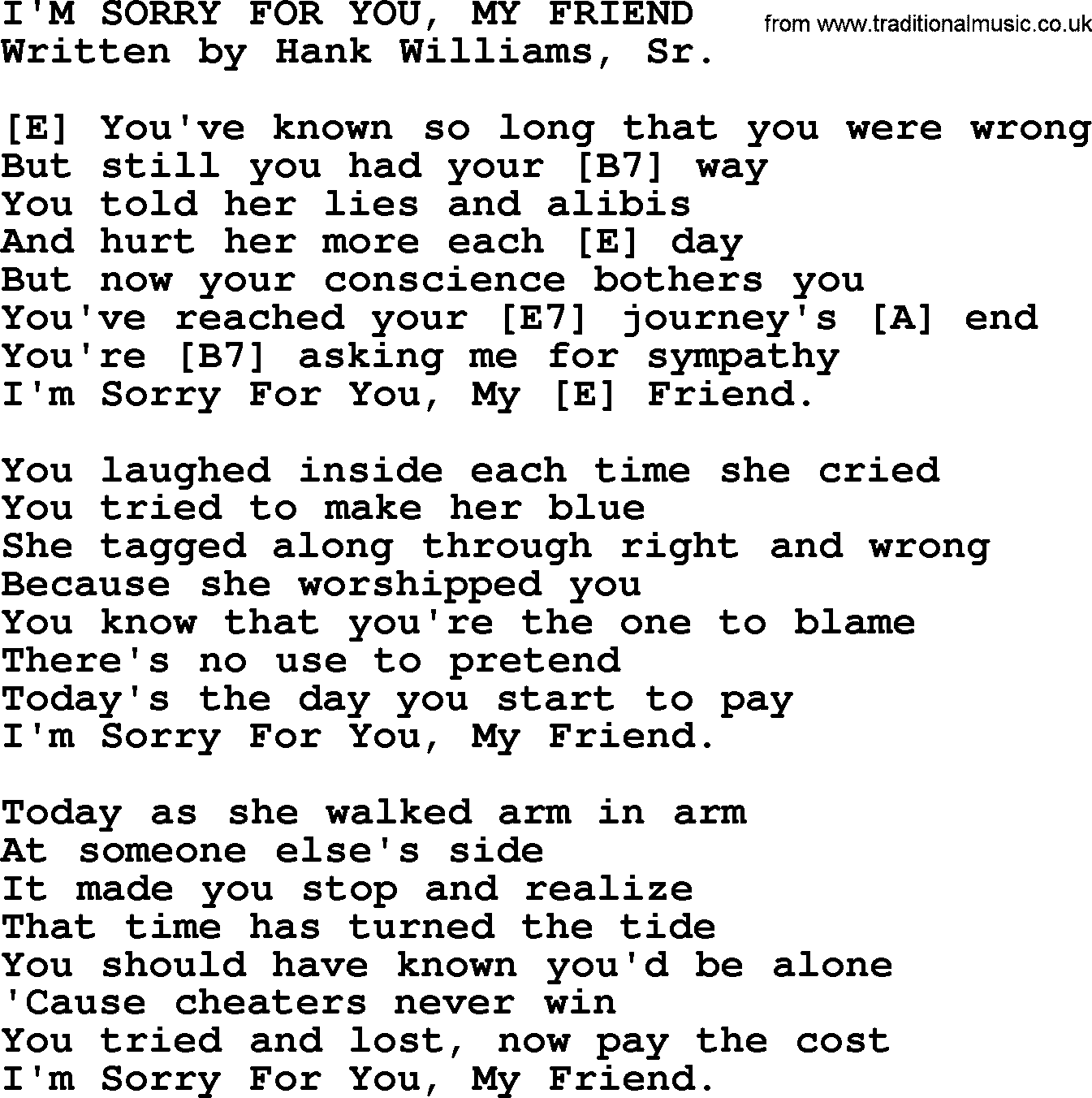 Hank Williams song I'm Sorry For You, My Friend, lyrics and chords