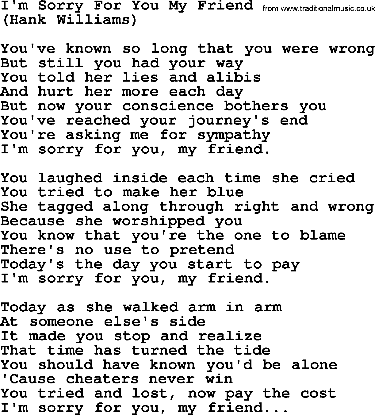 Hank Williams song I'm Sorry For You My Friend, lyrics