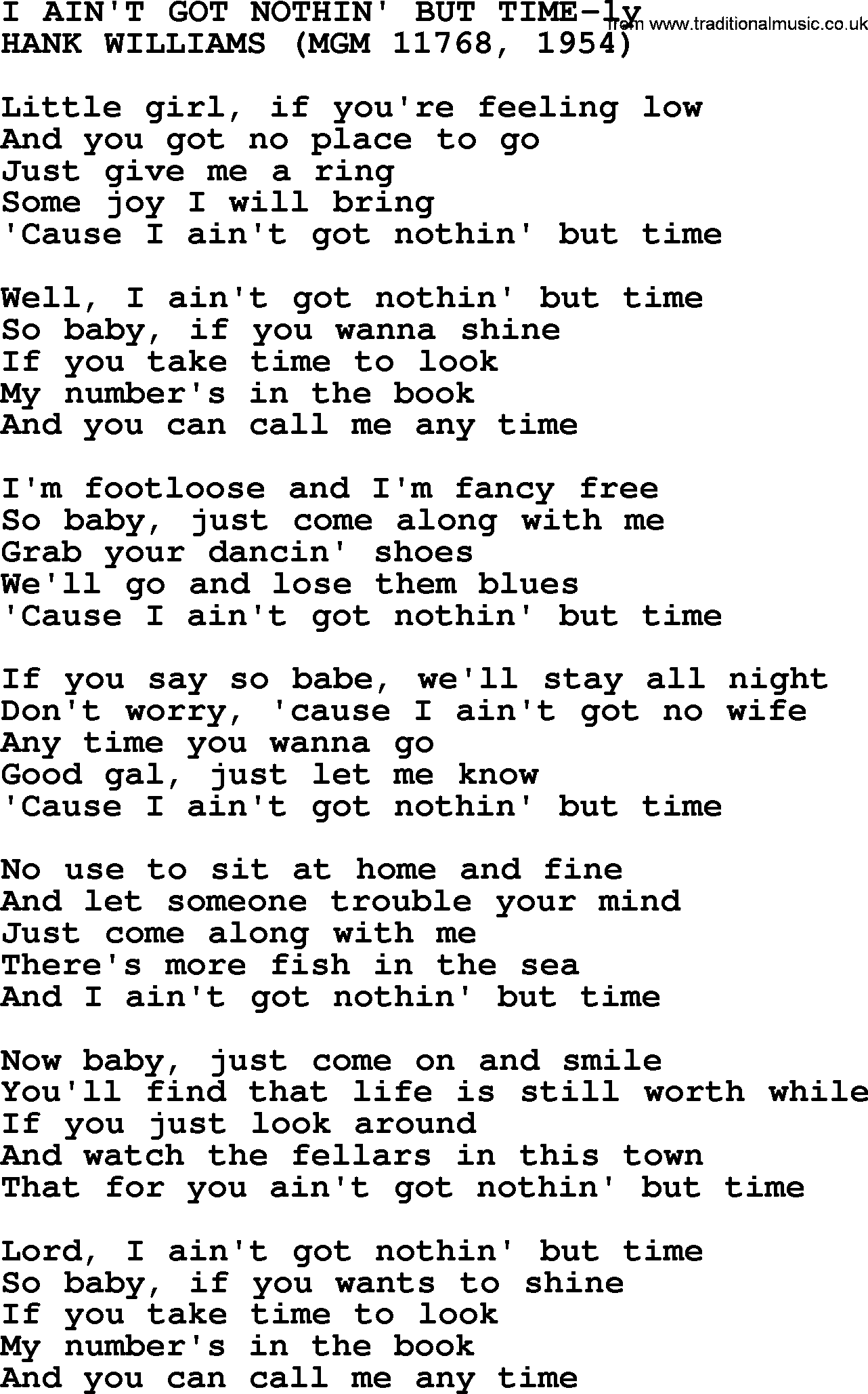 Hank Williams song I Ain't Got Nothin' But Time, lyrics