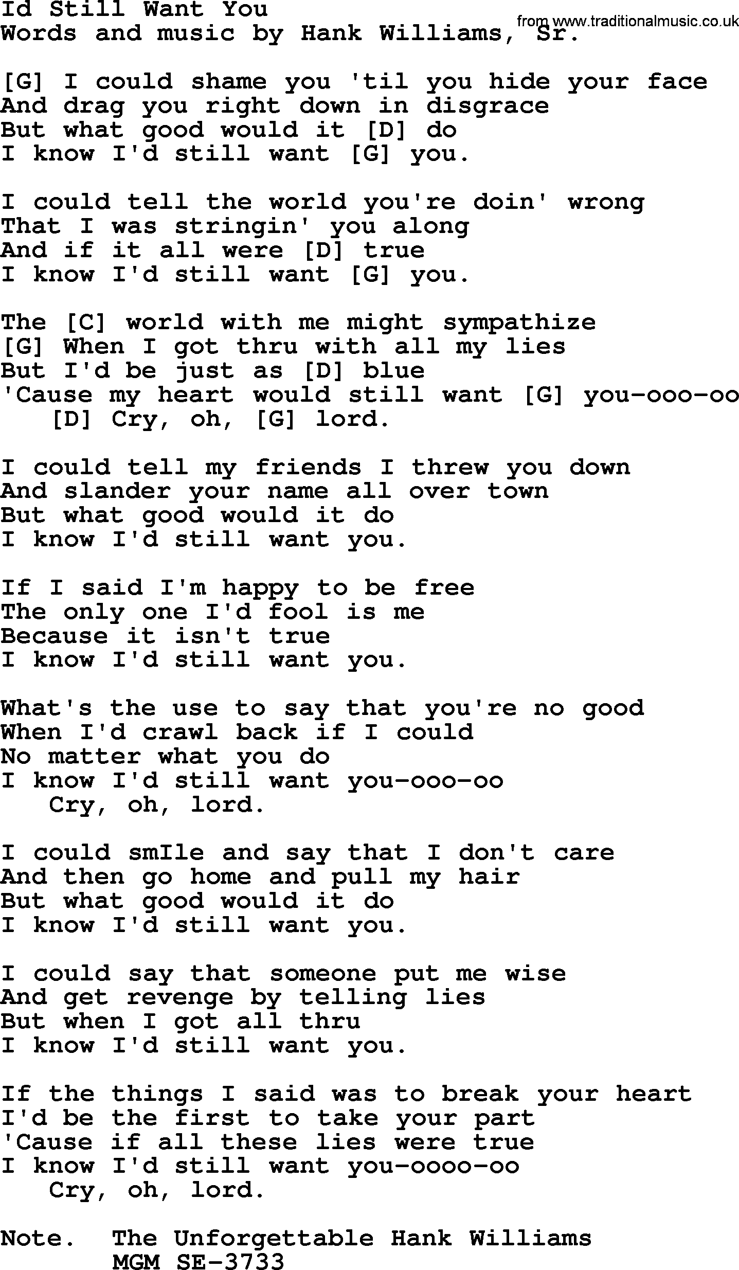 Hank Williams song Id Still Want You, lyrics and chords