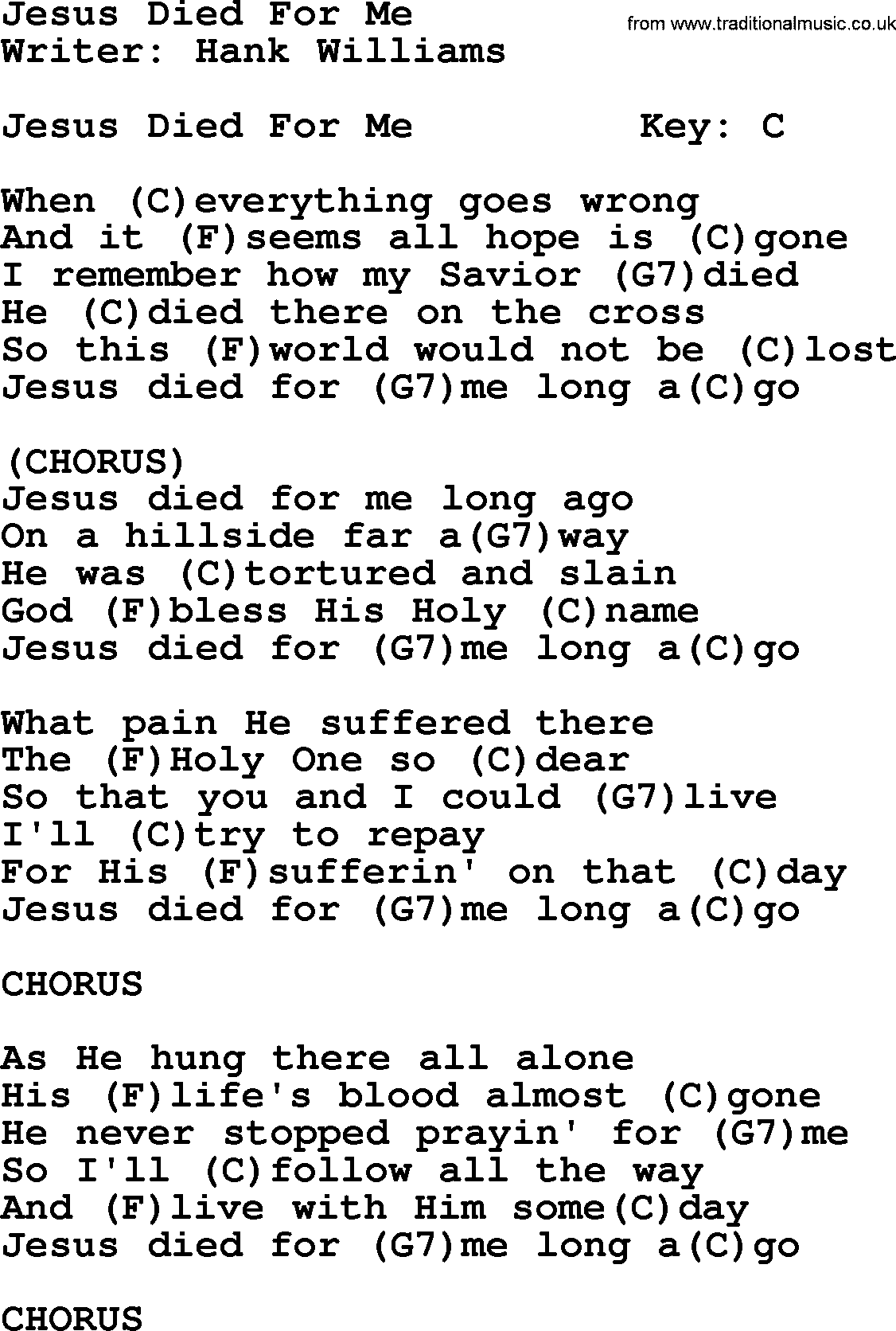 Hank Williams song Jesus Died For Me, lyrics and chords