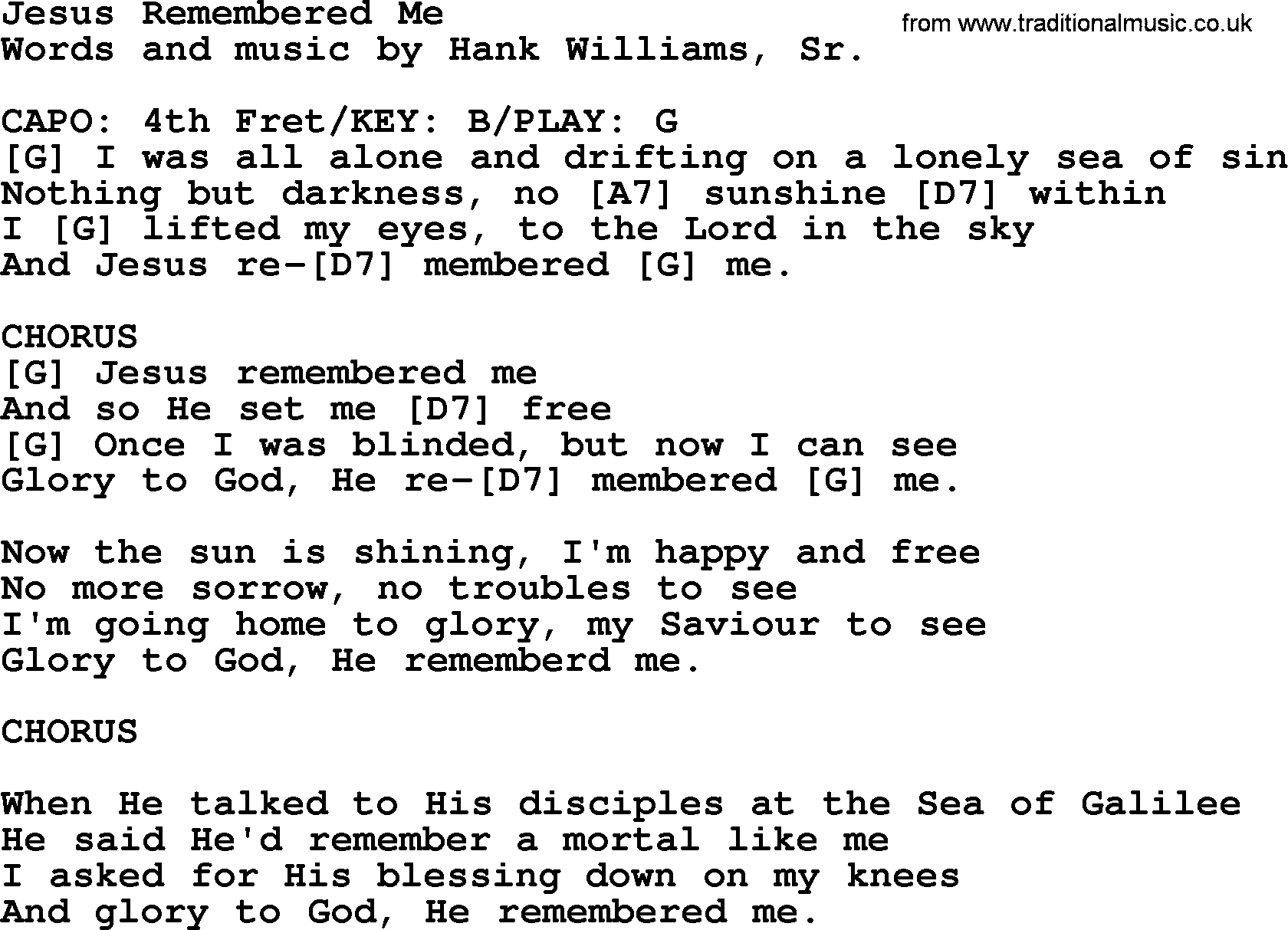 Hank Williams song Jesus Remembered Me, lyrics and chords