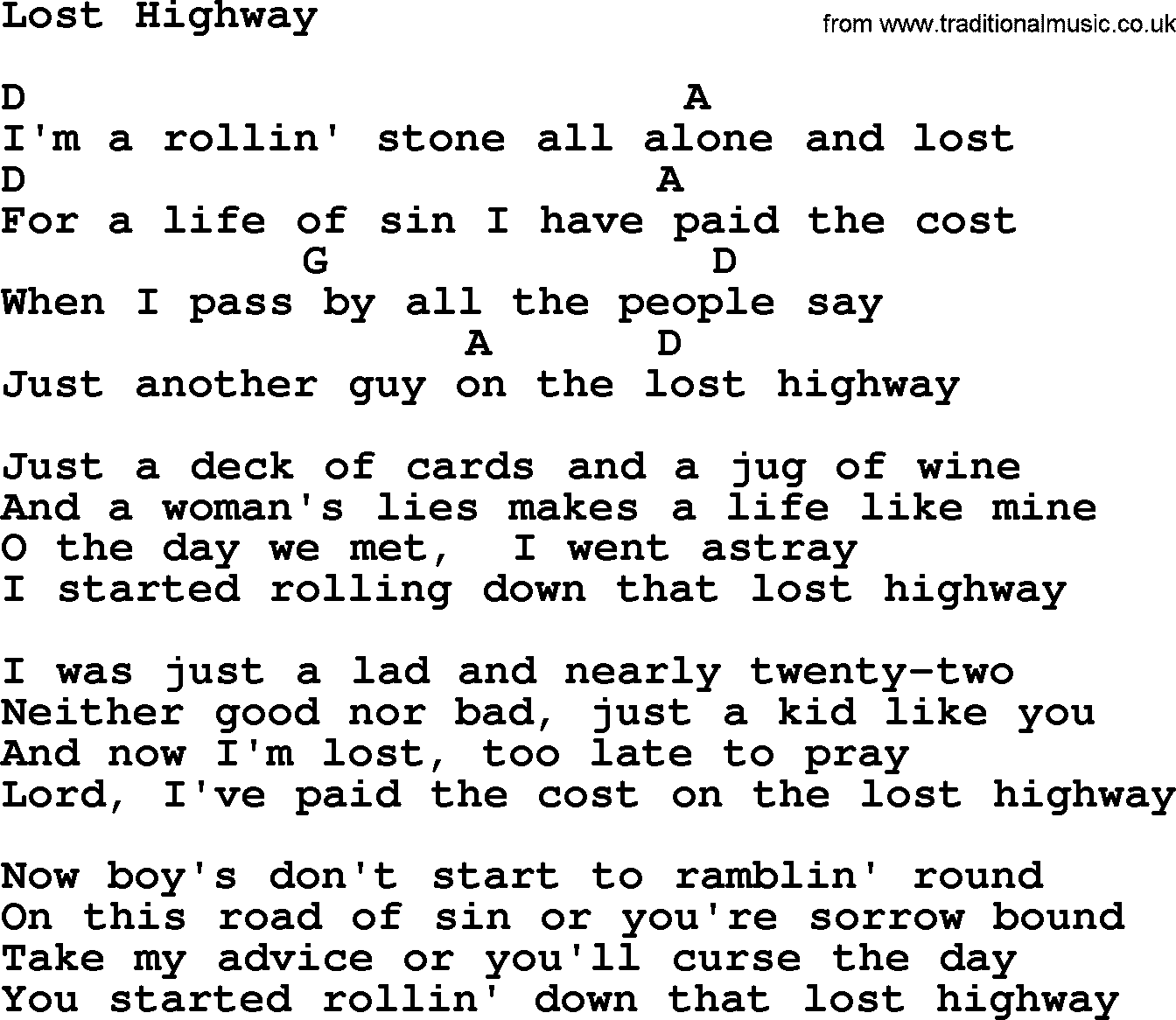 Hank Williams song Lost Highway, lyrics and chords