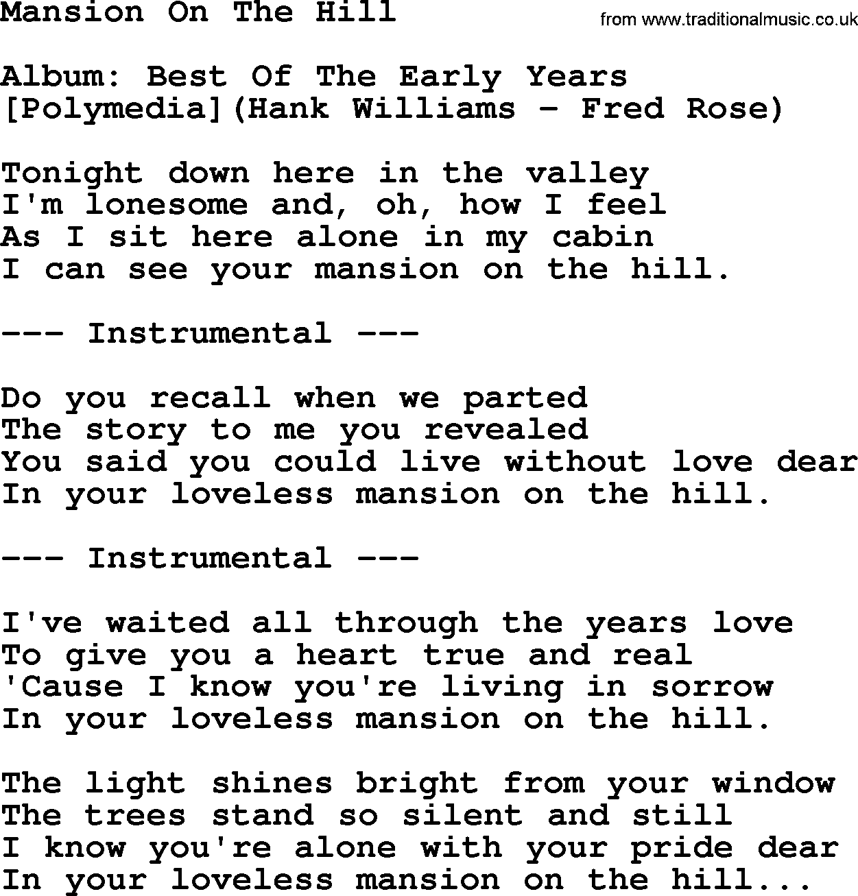 Hank Williams song Mansion On The Hill, lyrics