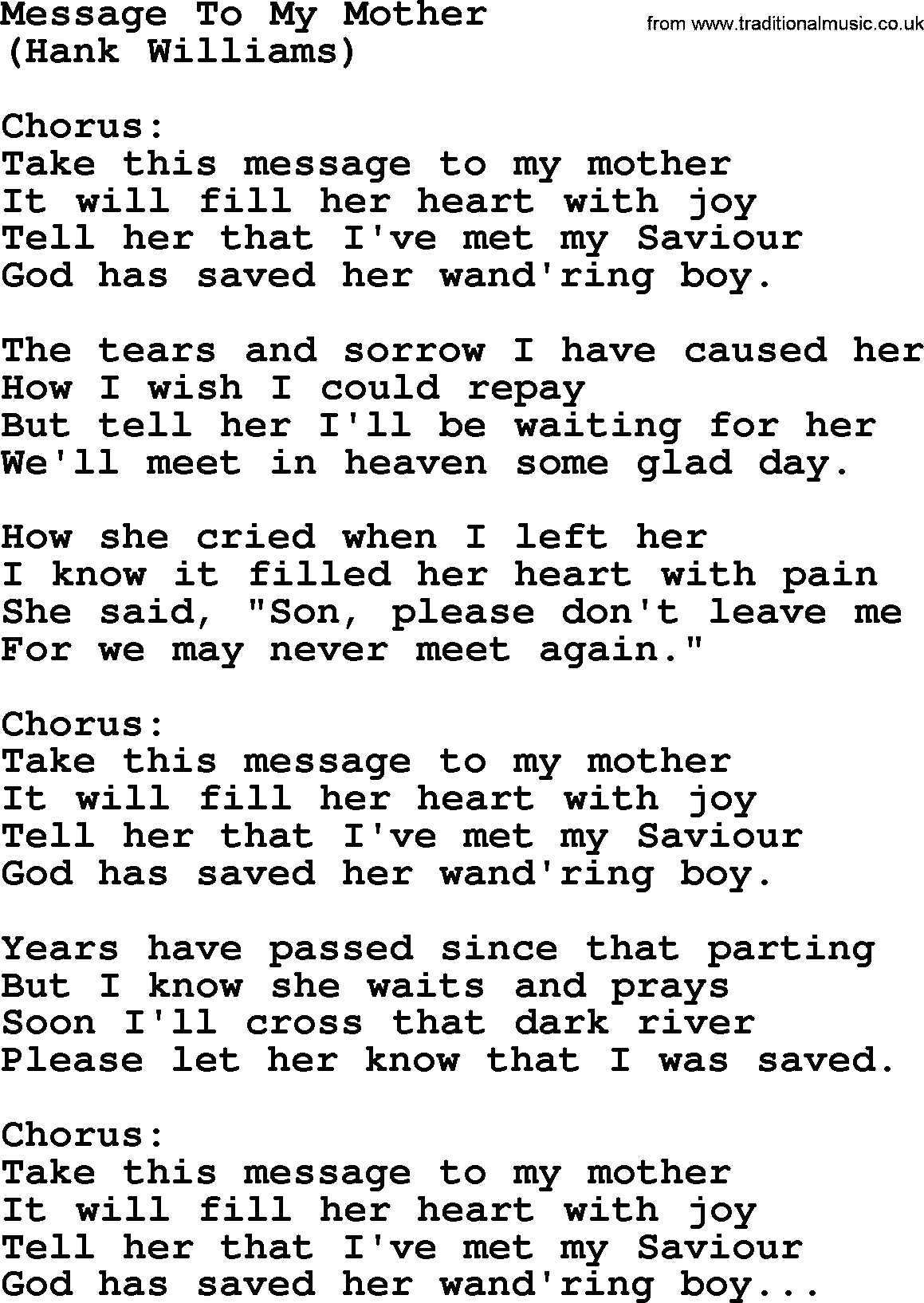 Hank Williams song Message To My Mother, lyrics