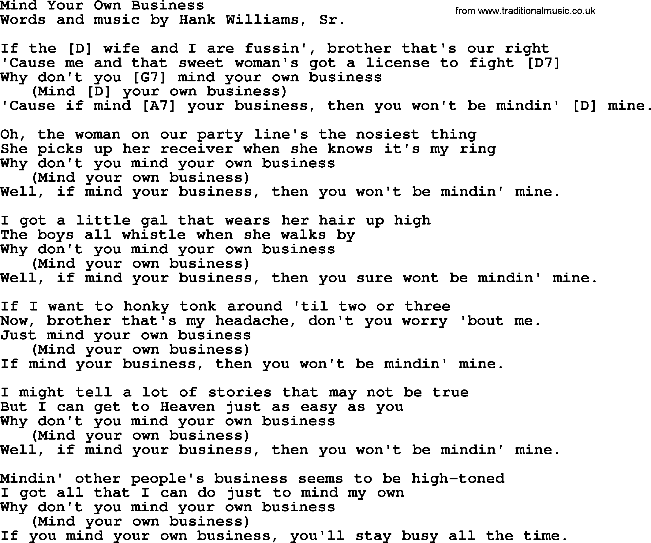 Hank Williams song Mind Your Own Business, lyrics and chords