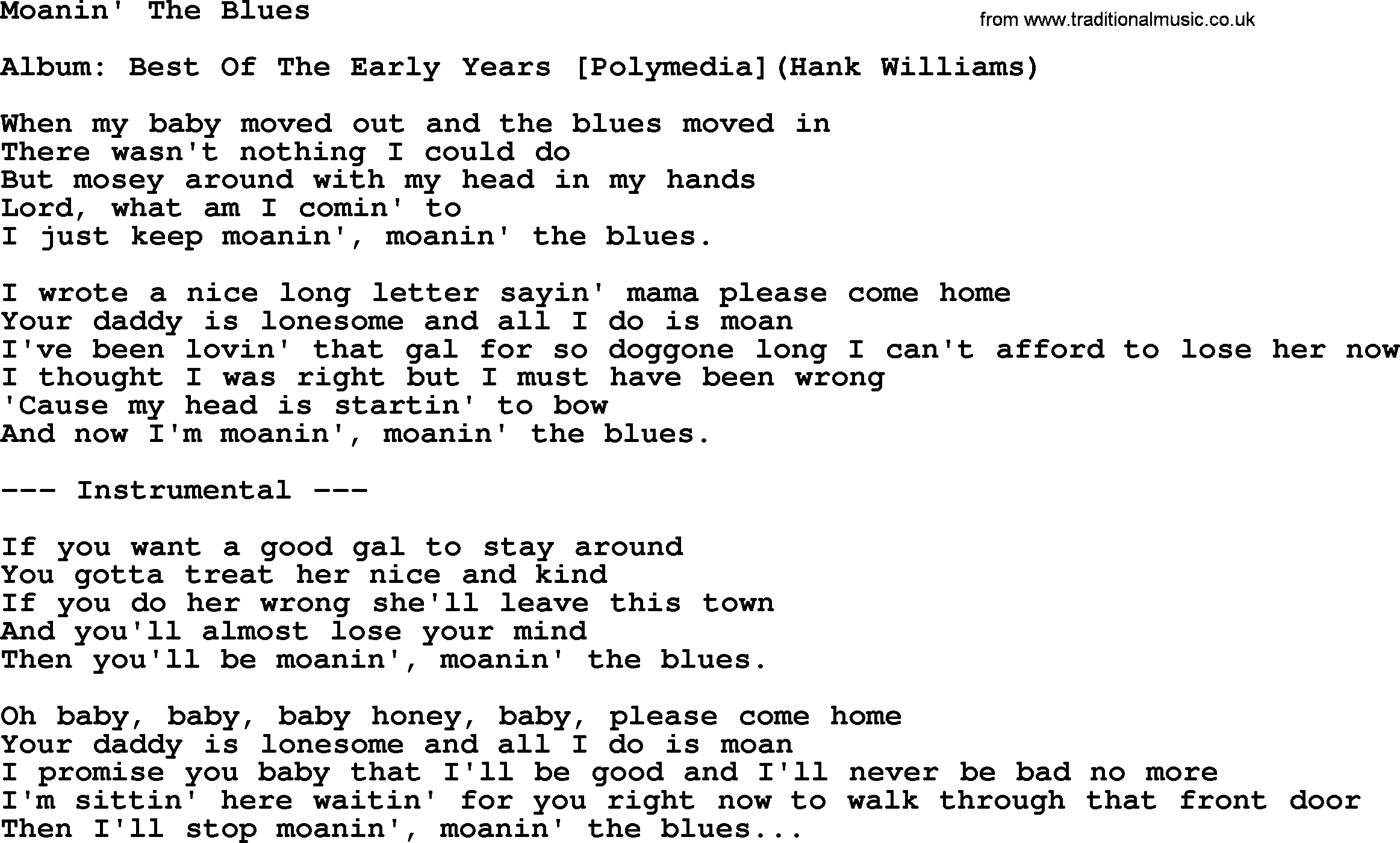 Hank Williams song Moanin' The Blues, lyrics