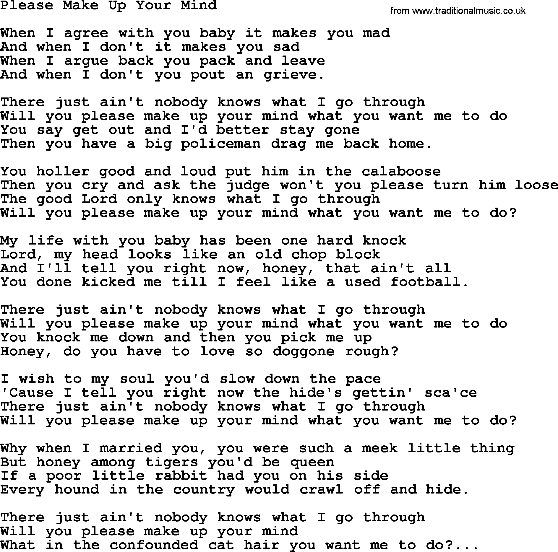 Hank Williams song Please Make Up Your Mind, lyrics