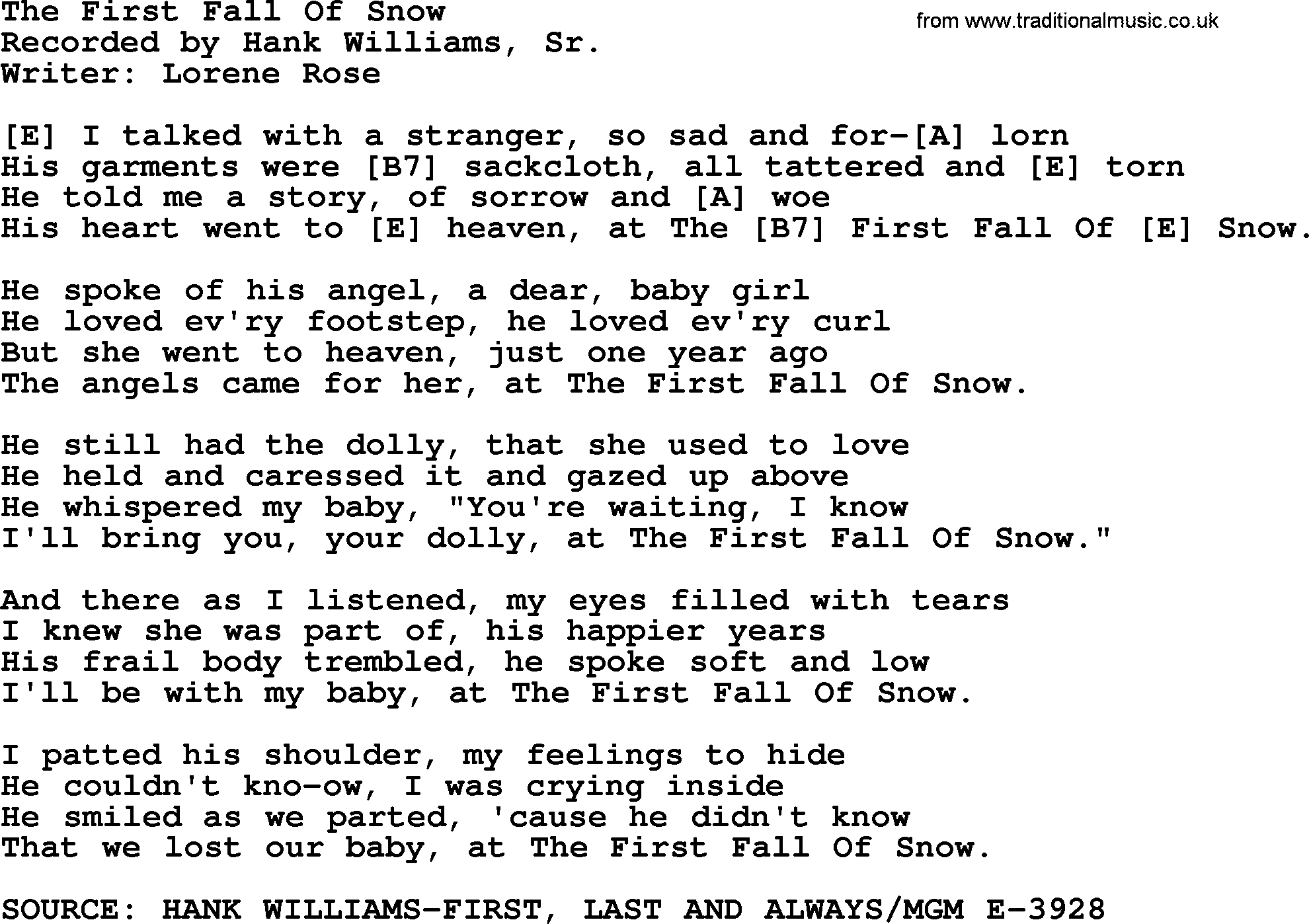 Hank Williams song The First Fall Of Snow, lyrics and chords