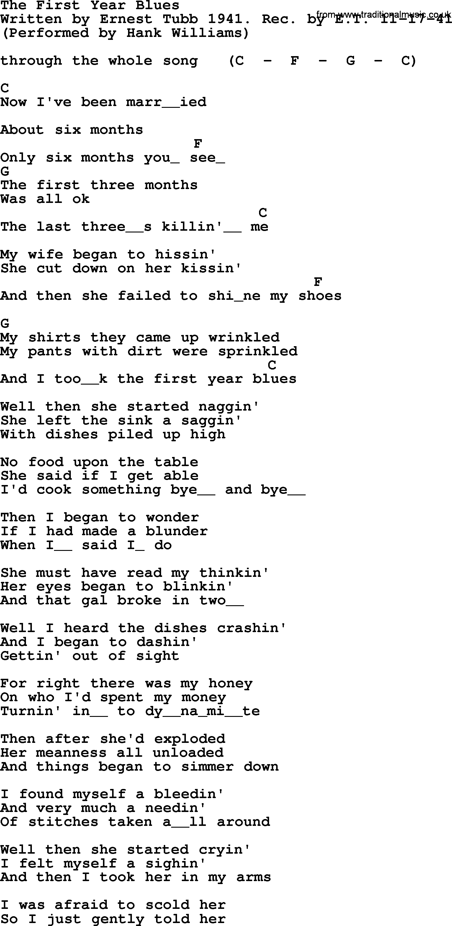 Hank Williams song The First Year Blues, lyrics and chords
