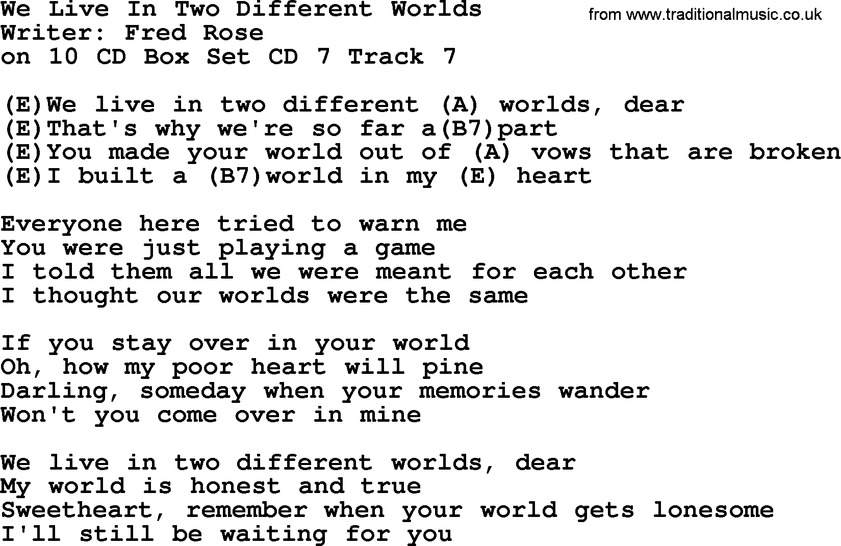 Hank Williams song We Live In Two Different Worlds, lyrics and chords